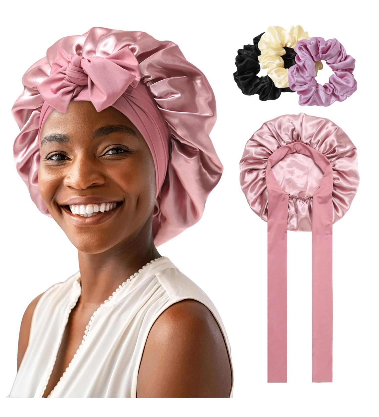 AWAYTR 2 Layered Satin Bonnet for Women Tie Band Hair Bonnet for Sleeping Silk Sleeping Cap with 3PCS Hair Scrunchies (Dust Rose(Bonus 3 Hair scrunchies)) - Buy Online on SooperMarket.com