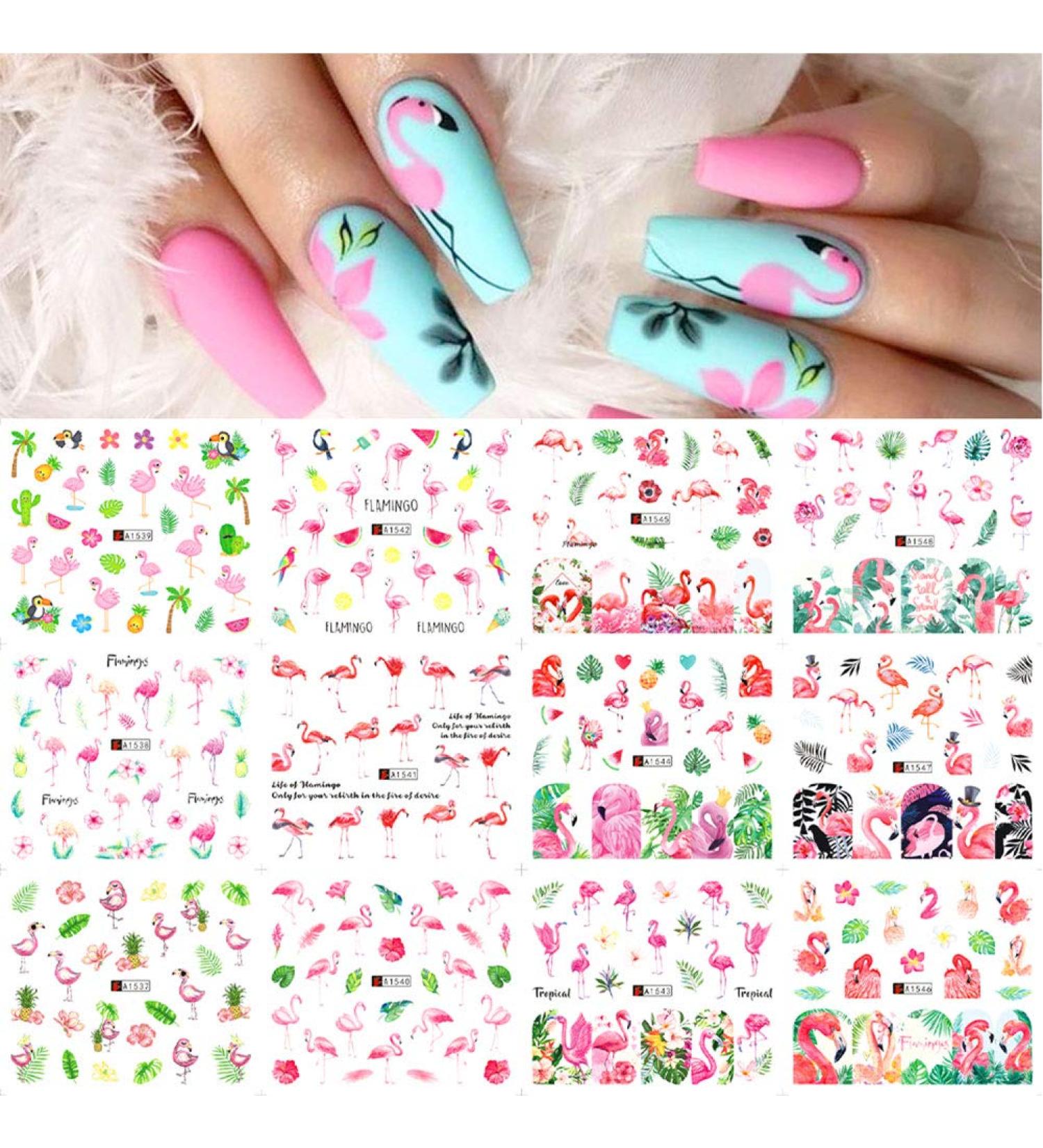 Flamingo Nail Art Stickers Decals - Summer Nail Decorations Kit with Tropical Palm, Cactus, and Pineapple Designs - 12 Sheets - Buy Online on SooperMarket.com