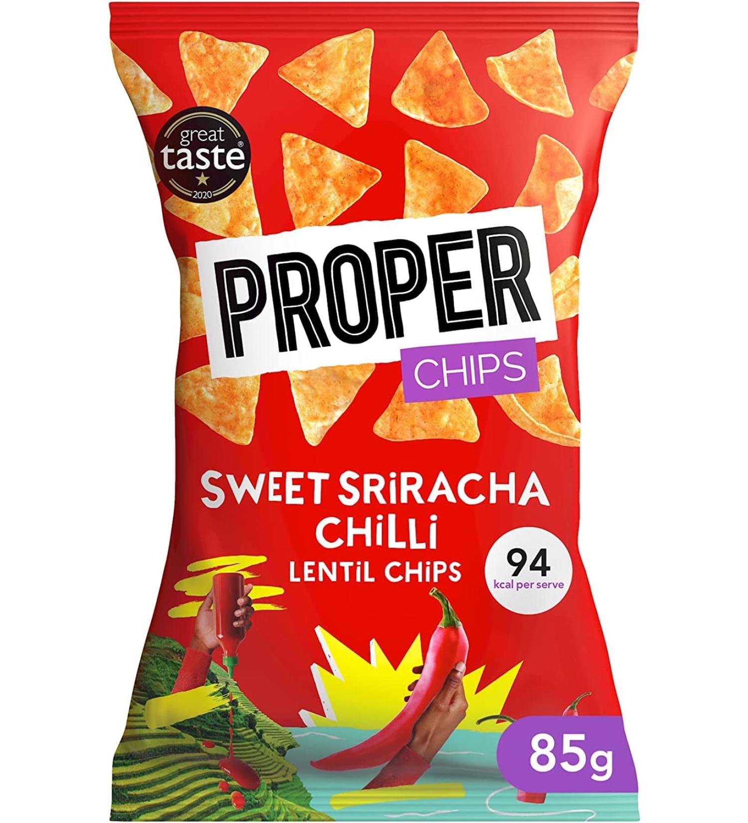 PROPER Lentil Chips Sweet Sriracha Chilli 85g - Vegan & Gluten-Free Snack Sharing Bag - Buy Online on SooperMarket.com