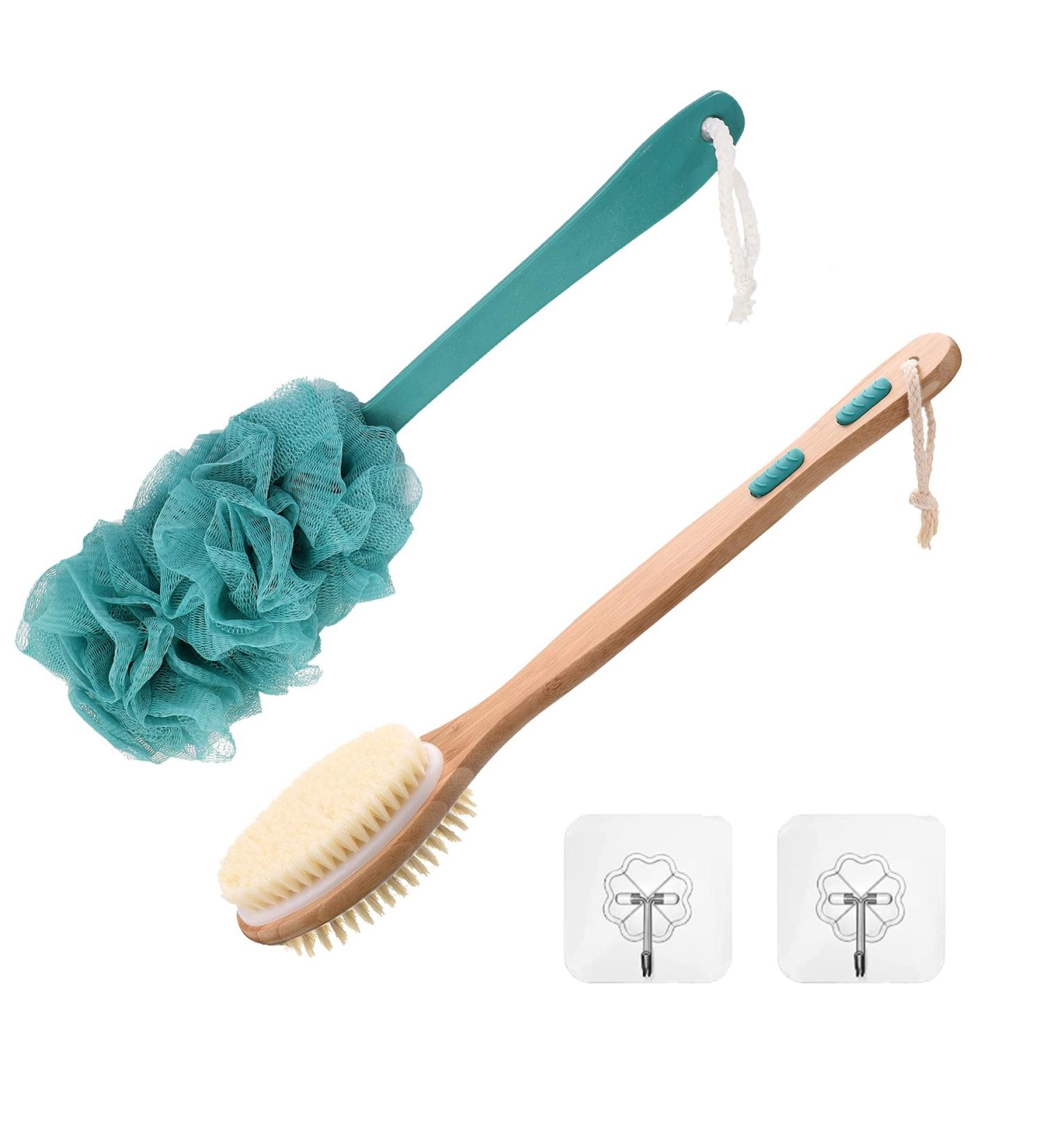 2 Pack Bath Brush Set: Long-Handled Luffa Brush & Double-Sided Bristle Brush with Hooks - Buy Online on SooperMarket.com
