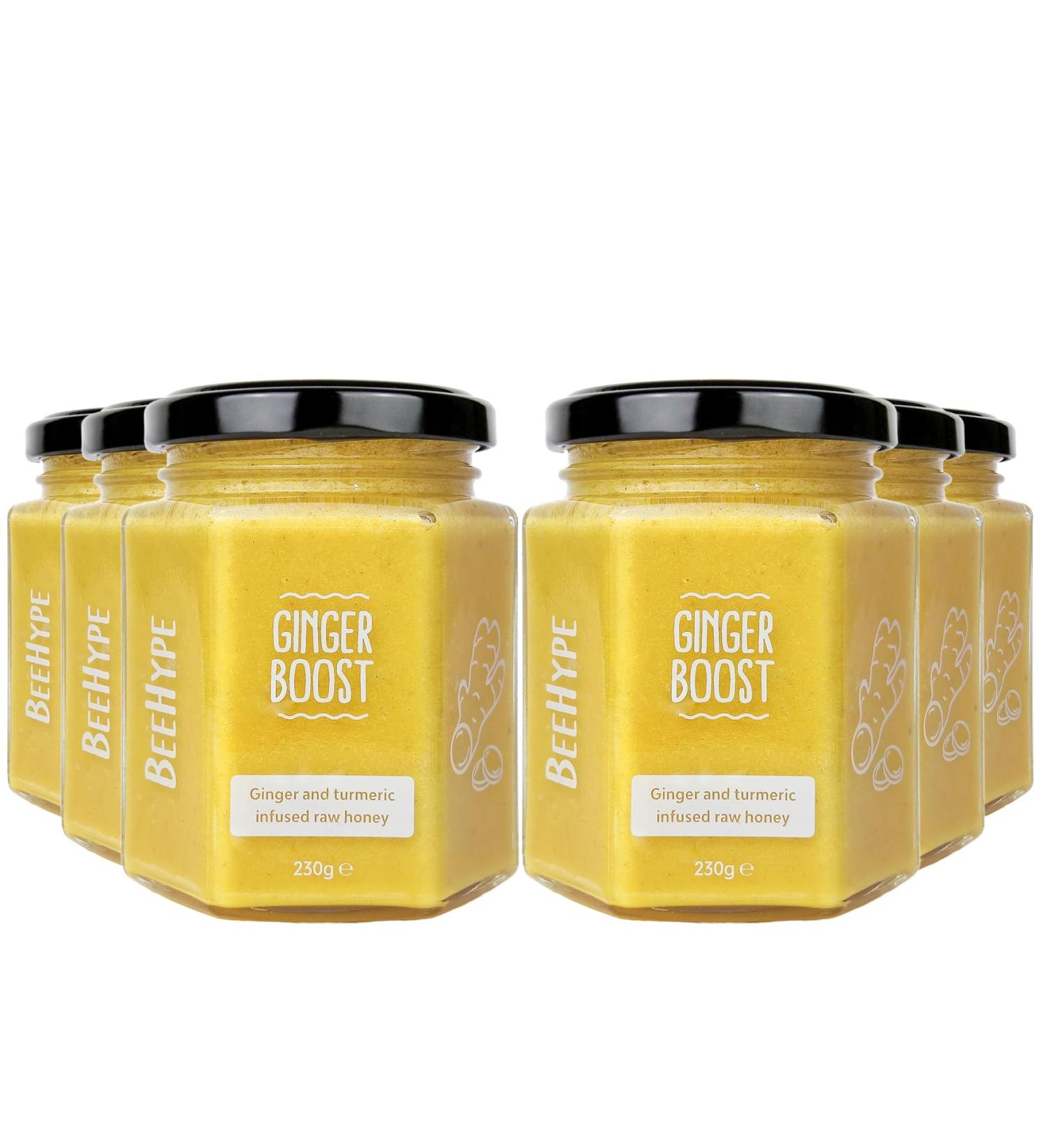 BeeHype - Ginger Boost - Ginger and Turmeric Infussed Raw Honey with NO Preservatives and NO Refined Sugars Vegetarian Nut and Dairy Free 6 x 230g Ginger Boost Pack of 6 - Buy Online on SooperMarket.com
