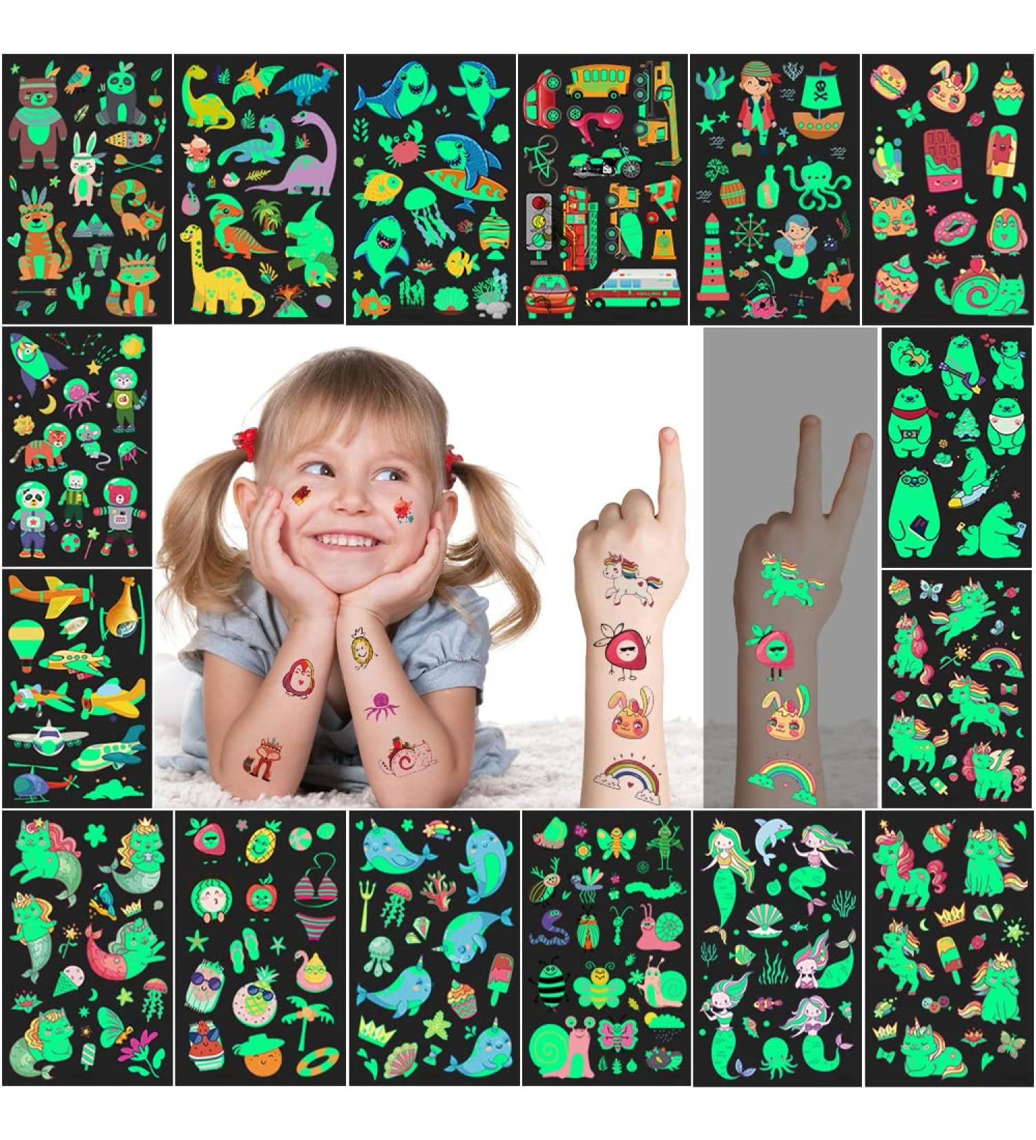 Glow In The Dark Temporary Tattoos for Kids - 310pcs Waterproof & Lasting Glitter Stickers | Luminous Fake Tattoos for Parties & Gifts - 16 Sheets - Buy Online on SooperMarket.com