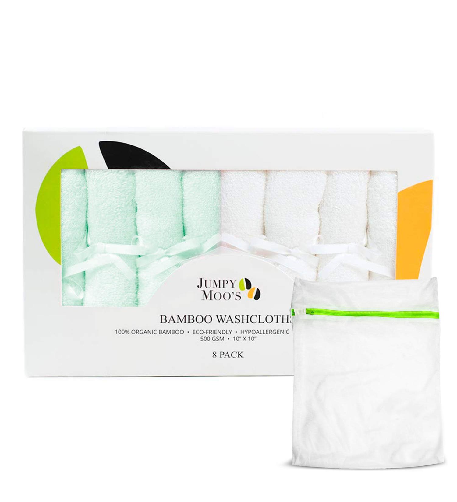 JM Bamboo Baby Washcloths Set - 8 Soft Cloths for Sensitive Skin | 25x25 cm Green & White with Laundry Bag - Ideal for Baby Care - Buy Online on SooperMarket.com
