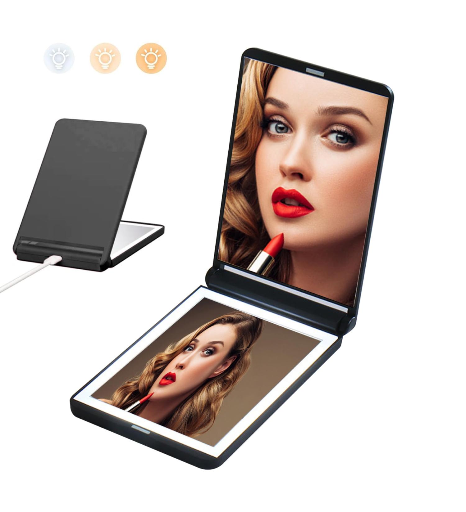 Compact Makeup Mirror Magnifying Mirror with Light Foldable 2-Sided Light Up Travel Mirror USB Rechargeable Compact Mirror 1X and 2X Makeup LED Mirror (Black) - Buy Online on SooperMarket.com