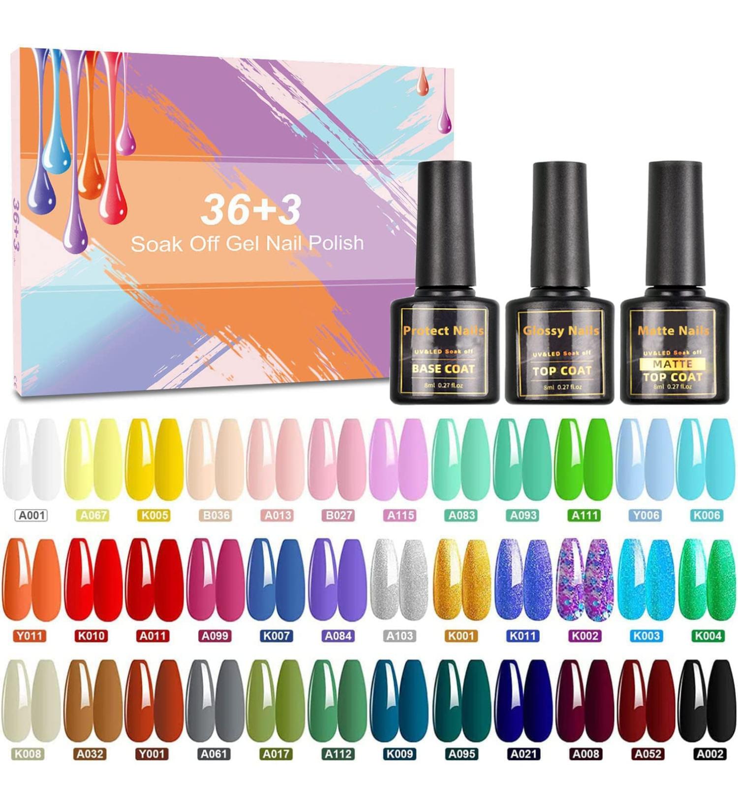 Gel Nail Polish SHOWNAIL 39 Pcs Gel Nail Polish Set Soak Off Gel Nail Set with Glossy and Matte Gel Top Base Coat Popular Nude Neon Pastel White Black Glitter Gel Polish Set Diy Nail Collection 36 Colors - Buy Online on SooperMarket.com