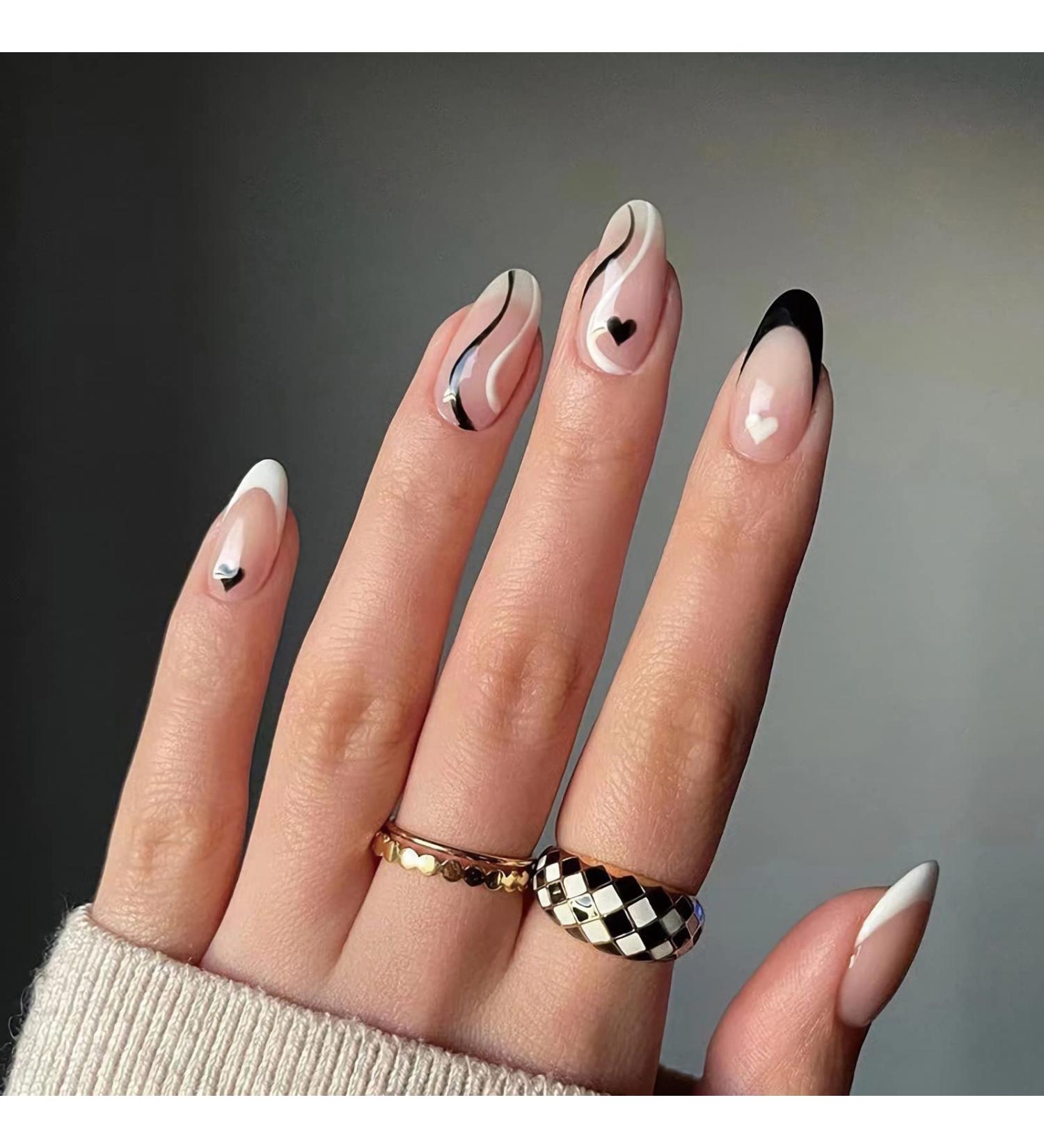 Black & White Swirl Almond Press On Nails | Full Cover False Nails | French Tip Heart Stick On Nails | Glossy Acrylic Nails for Women - Buy Online on SooperMarket.com