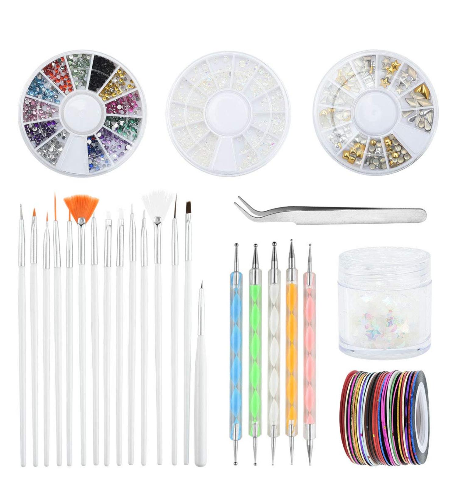Vathery Nail Design Accessories Set - 15 Brush Set 5 Puncture Pens 30 Striping Tapes & Tweezers for Perfect Nail Art - International Shipping Available - Buy Online on SooperMarket.com