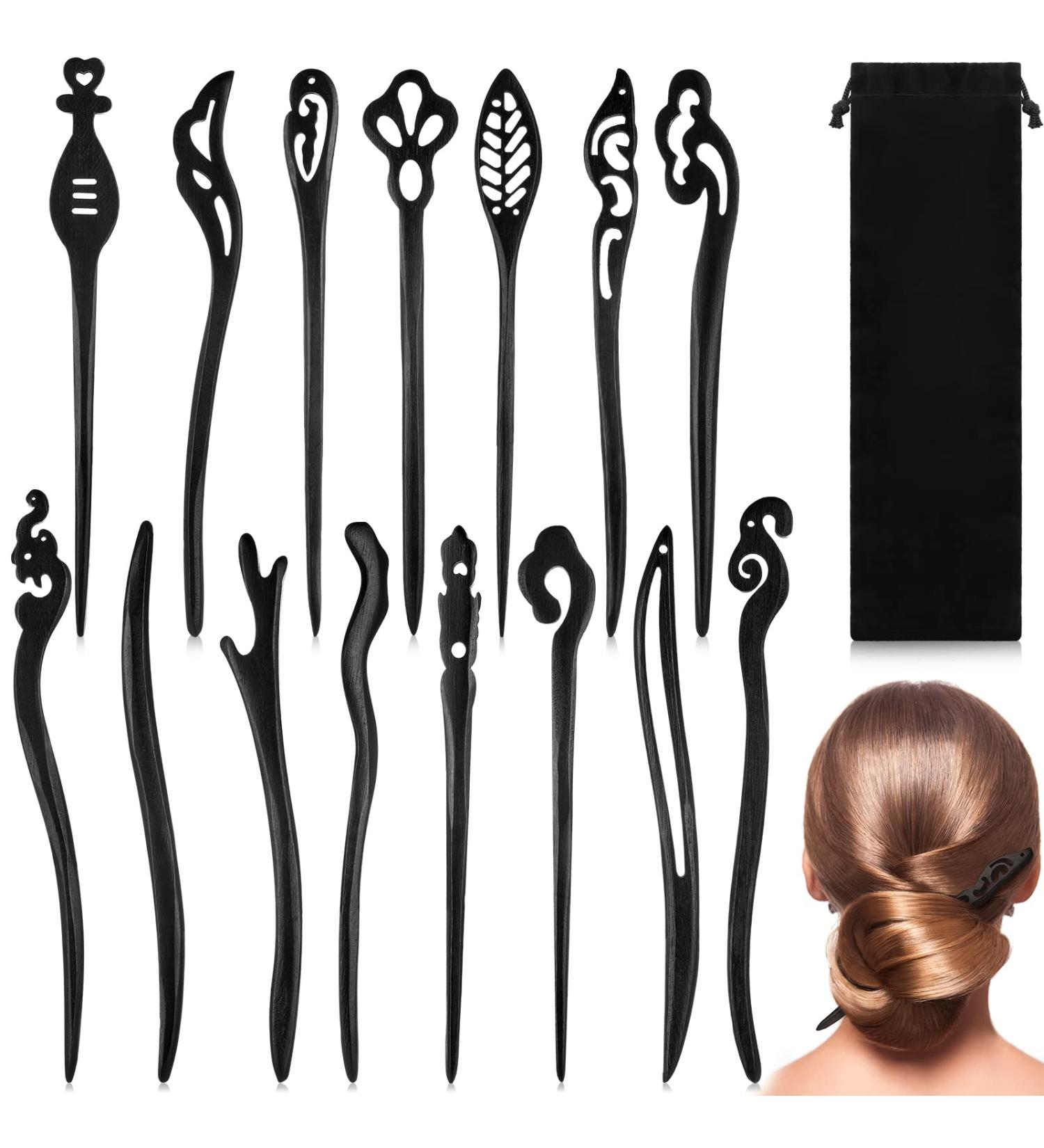 Dingion Wooden Hair Chopsticks - Japanese & Chinese Handmade Styles for Women | Bun Maker & Retro Pins with Flannel Bag - Buy Online on SooperMarket.com