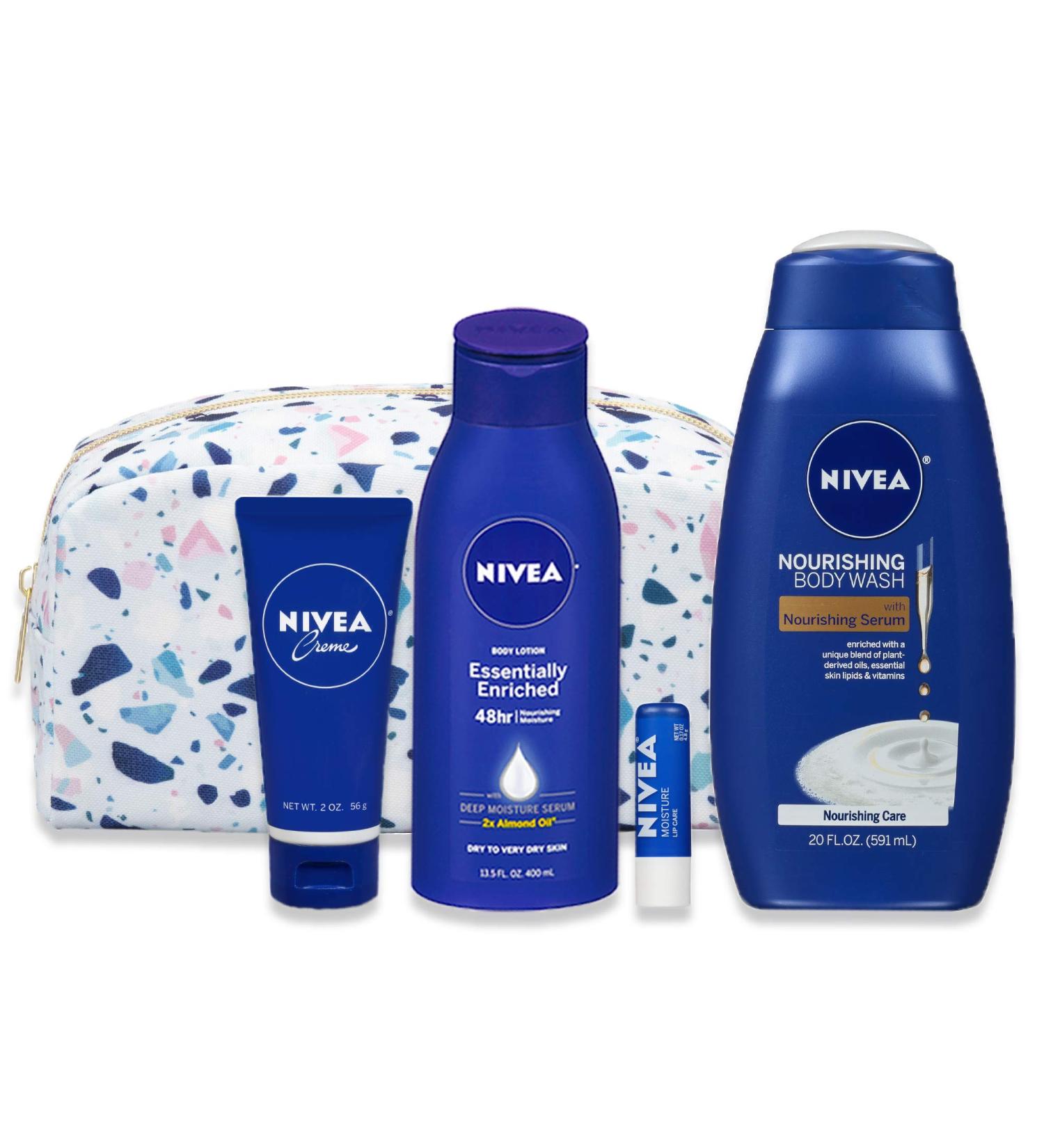 NIVEA Skin Care Gift Set for Her: Body Wash, Lotion, Lip Balm & Cream - 4 Piece Collection - Buy Online on SooperMarket.com
