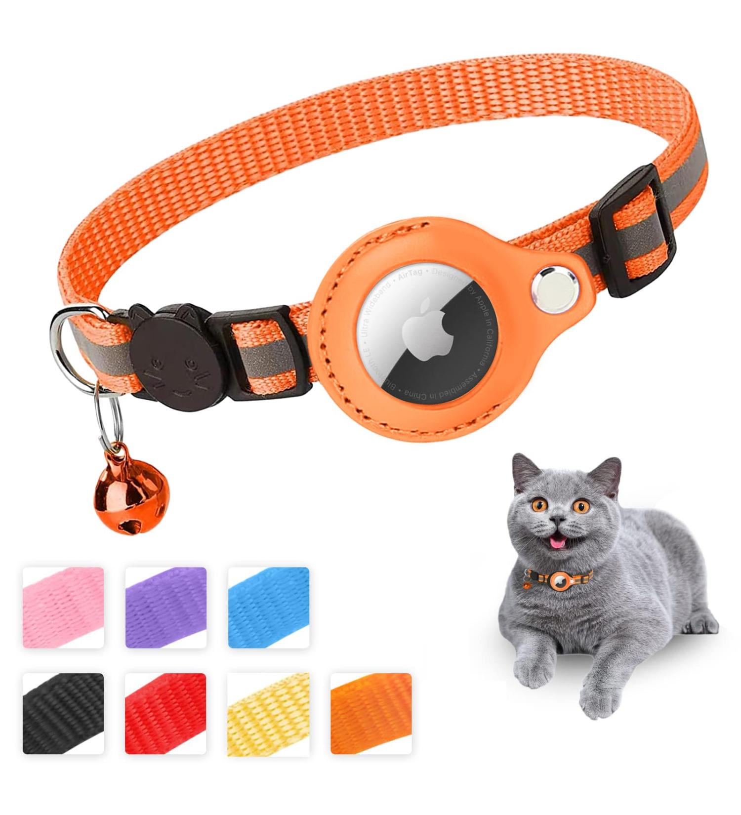 Mouyou Airtag Cat Neck Band - Soft Nylon Reflective Collar with Bell & Safety Clasp Adjustable 22-34cm Orange - Track Your Cat with Airtag Holder - Buy Online on SooperMarket.com