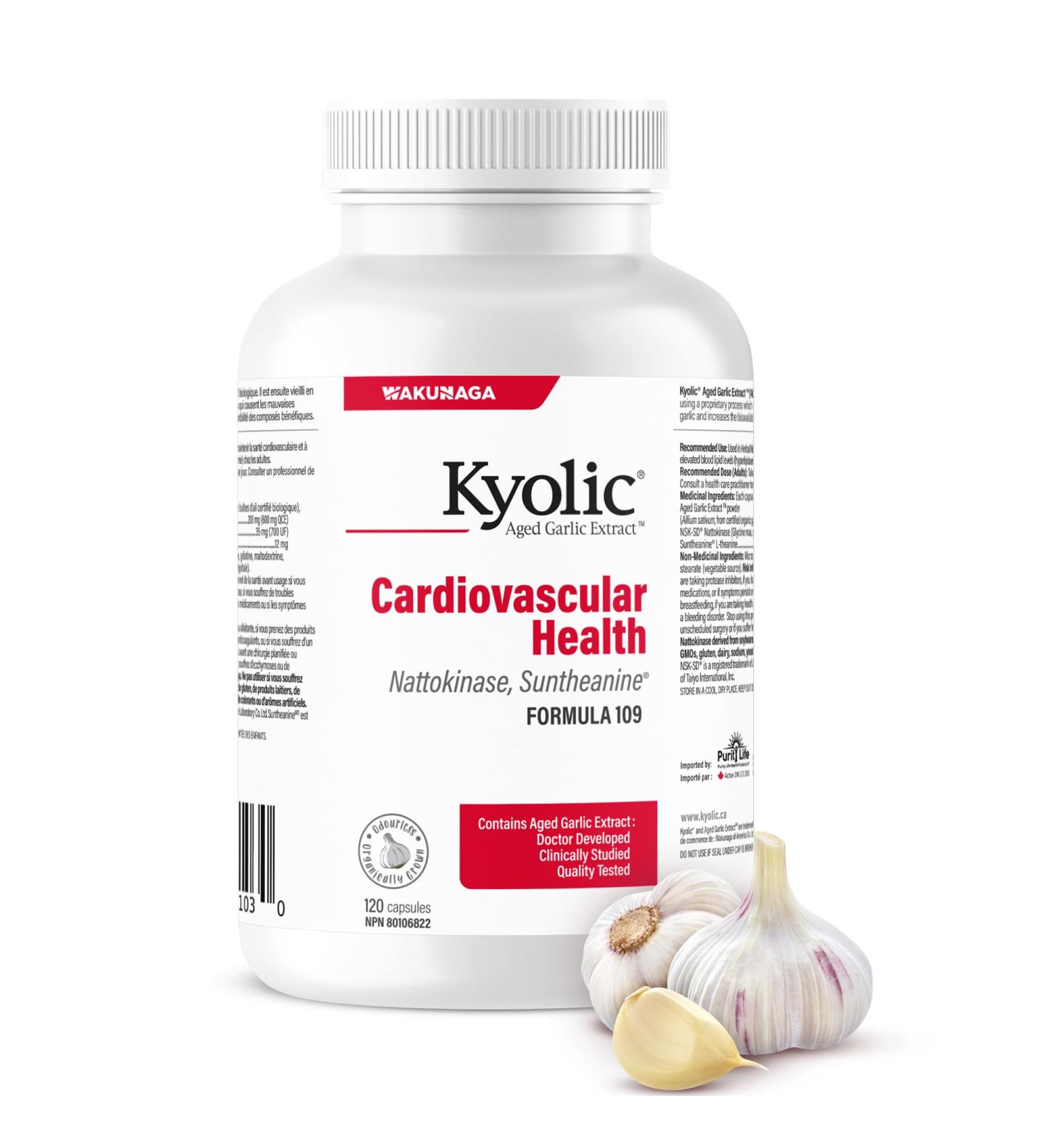 Kyolic - Cardiovascular Health Formula 109 120 Capsules - Reduce Elevated Blood Lipid Levels in Adults - Source of Antioxidant - Combination of Nattokinase and Suntheanine with Aged Garlic Extract 120 count (Pack of 1) - Buy Online on SooperMarket.com