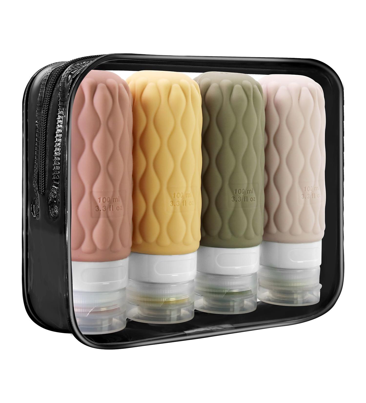 4 Pack Travel Bottles for Toiletries with Labels 100ML Silicone Travel Bottles Set with Clear Zipper Toiletry Bag Leakproof Refillable Squeeze Travel Size Containers for Shampoo Conditioner Clay/Deep Red/Beige/Olive Drab - Buy Online on SooperMarket.com