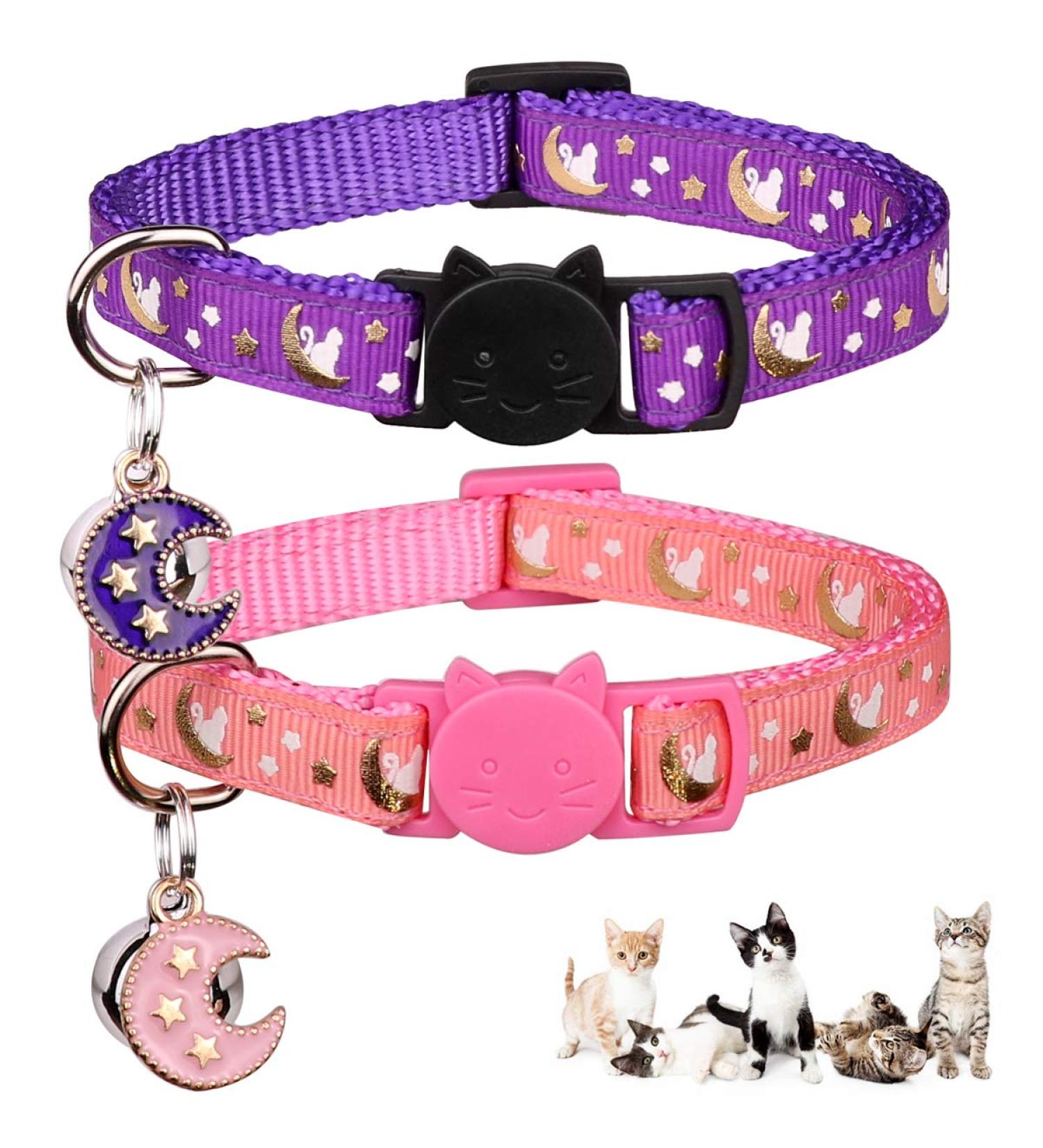 2PCS Glow in The Dark Breakaway Cat Collars with Bell - Adjustable Kitten Collars in Purple+Pink - Buy Online on SooperMarket.com