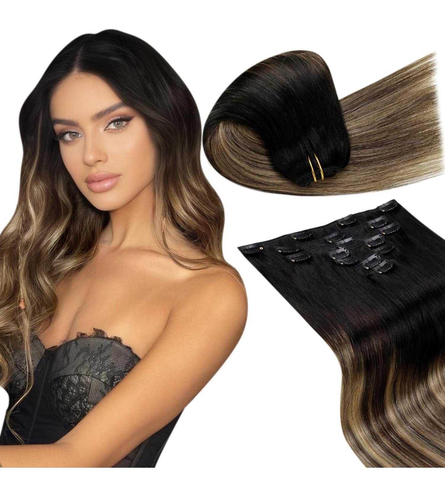 LaaVoo Ombre Clip-In Human Hair Extensions - Brown to Caramel Blonde Balayage 40cm 7pcs 105g Invisible Clips - Buy Online on SooperMarket.com