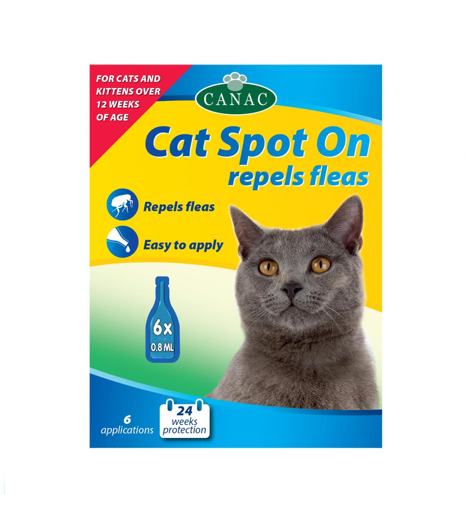 CANAC Cat Spot-On Repels Fleas 6 Pipettes Repels Fleas for up to 4 weeks Contains Margosa Extract Pesticide-Free Easy to apply Up to 24 weeks protection per pack For cats over 12 weeks of age - Buy Online on SooperMarket.com