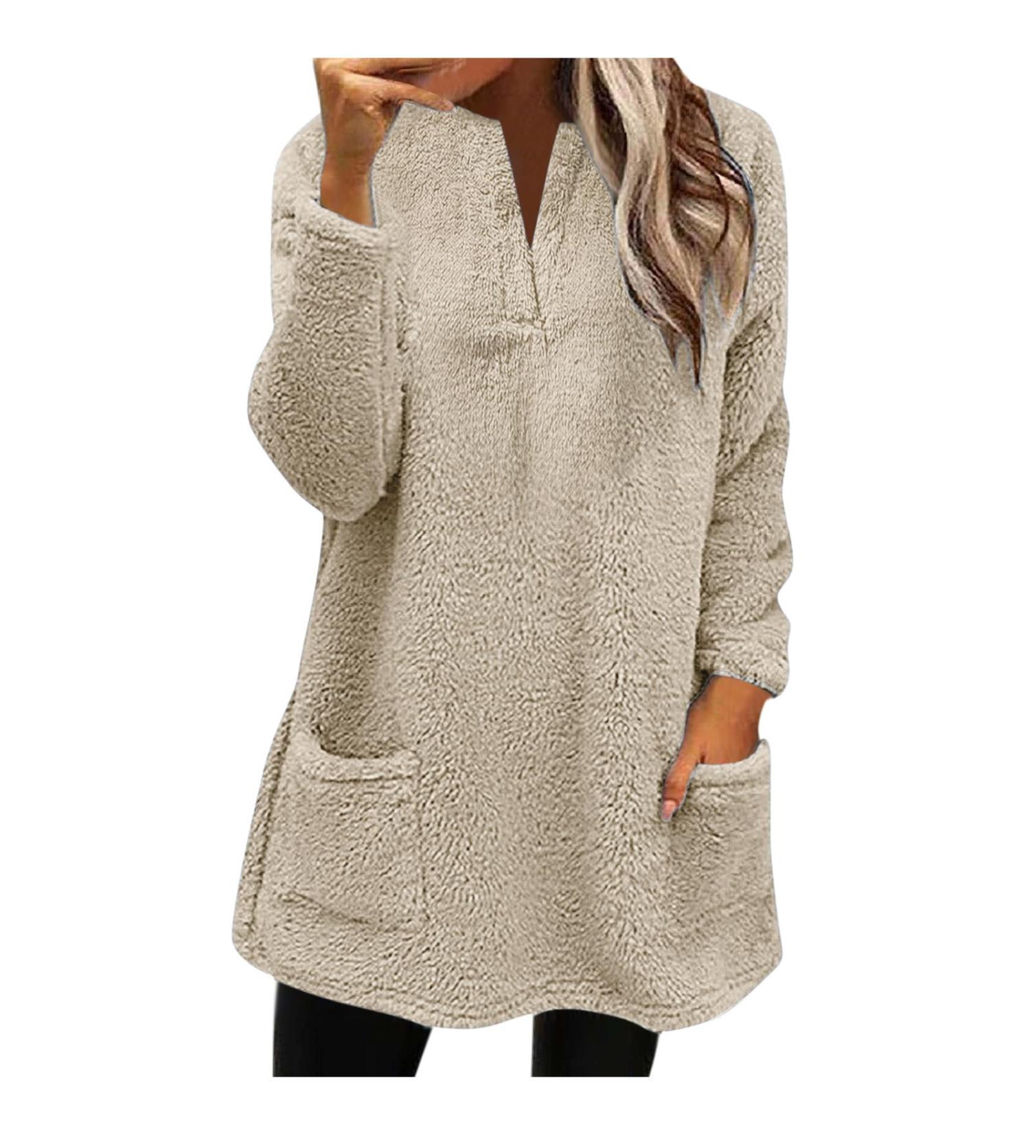 AMhomely Women's Double Fleece Hoodie | Plus Size Soft Teddy Fleece Jumper | V Neck Sweatshirt with Pocket | Winter Lounge Top | Khaki XXL - Buy Online on SooperMarket.com