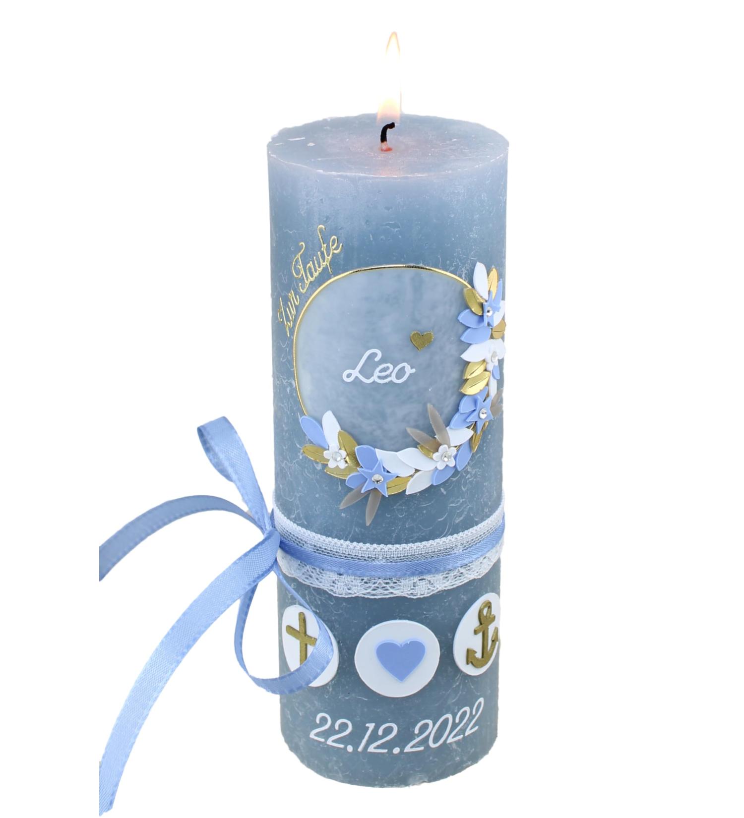 Cerziies Rustic Baptism Candle for Leo Boy or Girl - Personalized with Name & Date Hand Decorated Classic Wick - Buy Online on SooperMarket.com