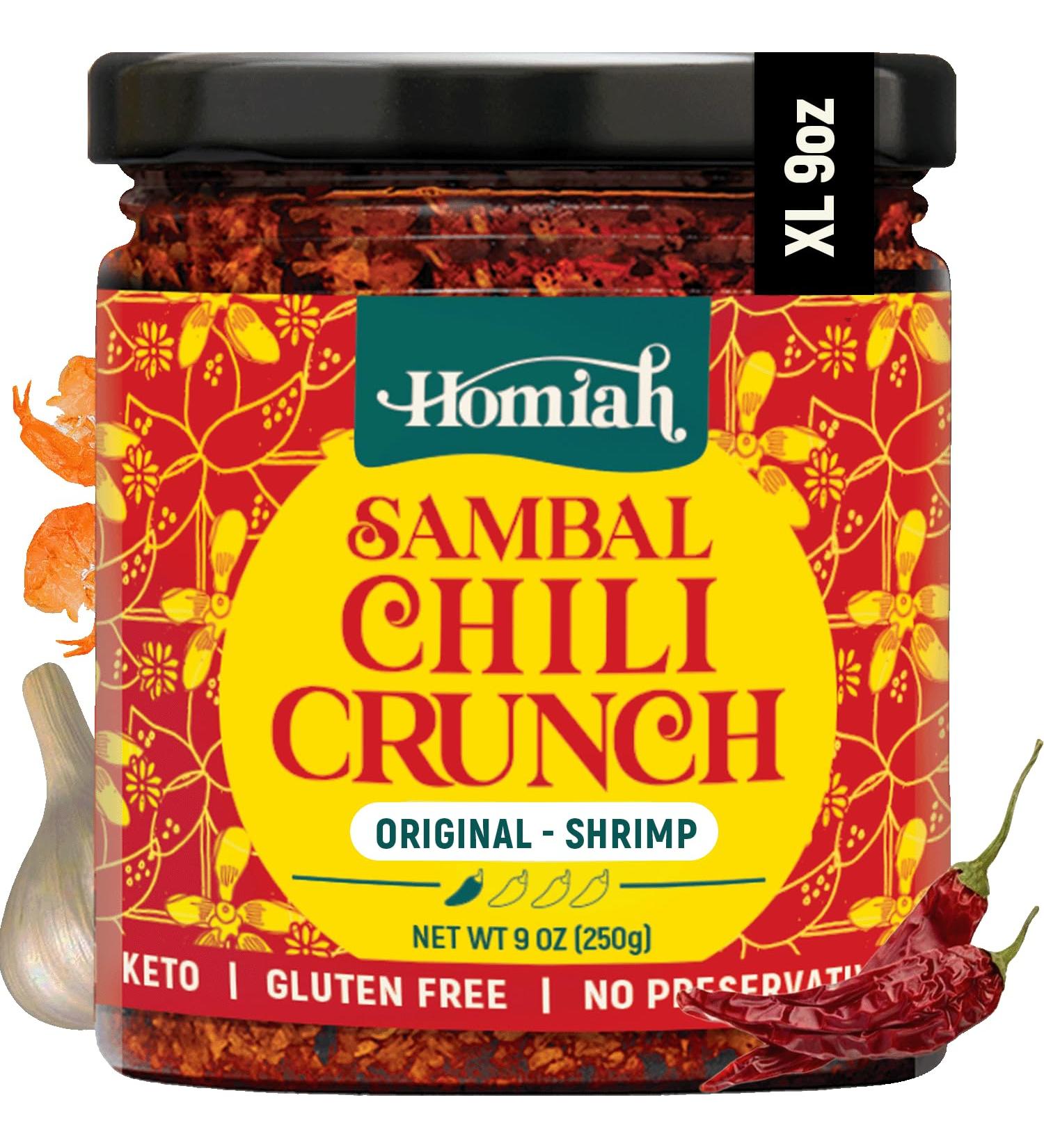 Homiah Sambal Chili Crunch Original Shrimp 9oz Jar - Gluten Free Non-GMO Sambal Oelek Paste with Shrimp. Crunchy Chili Crisp Condiment for Topping  Low Sodium & Less Oil. - Buy Online on SooperMarket.com