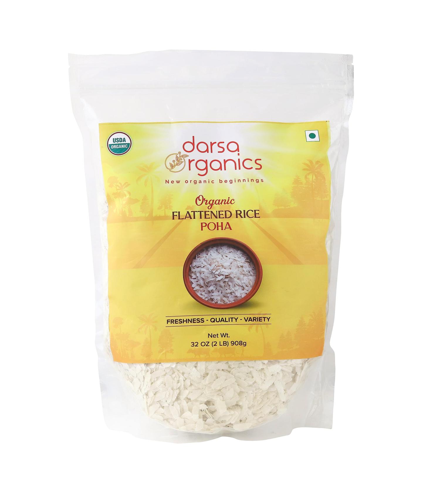 Darsa Organics Poha | 2 lb Resealable Zipper Bag | Flattened Rice with Fluffy Texture| USDA Organic | Non-GMO | Chemical-Free | Kosher - Buy Online on SooperMarket.com