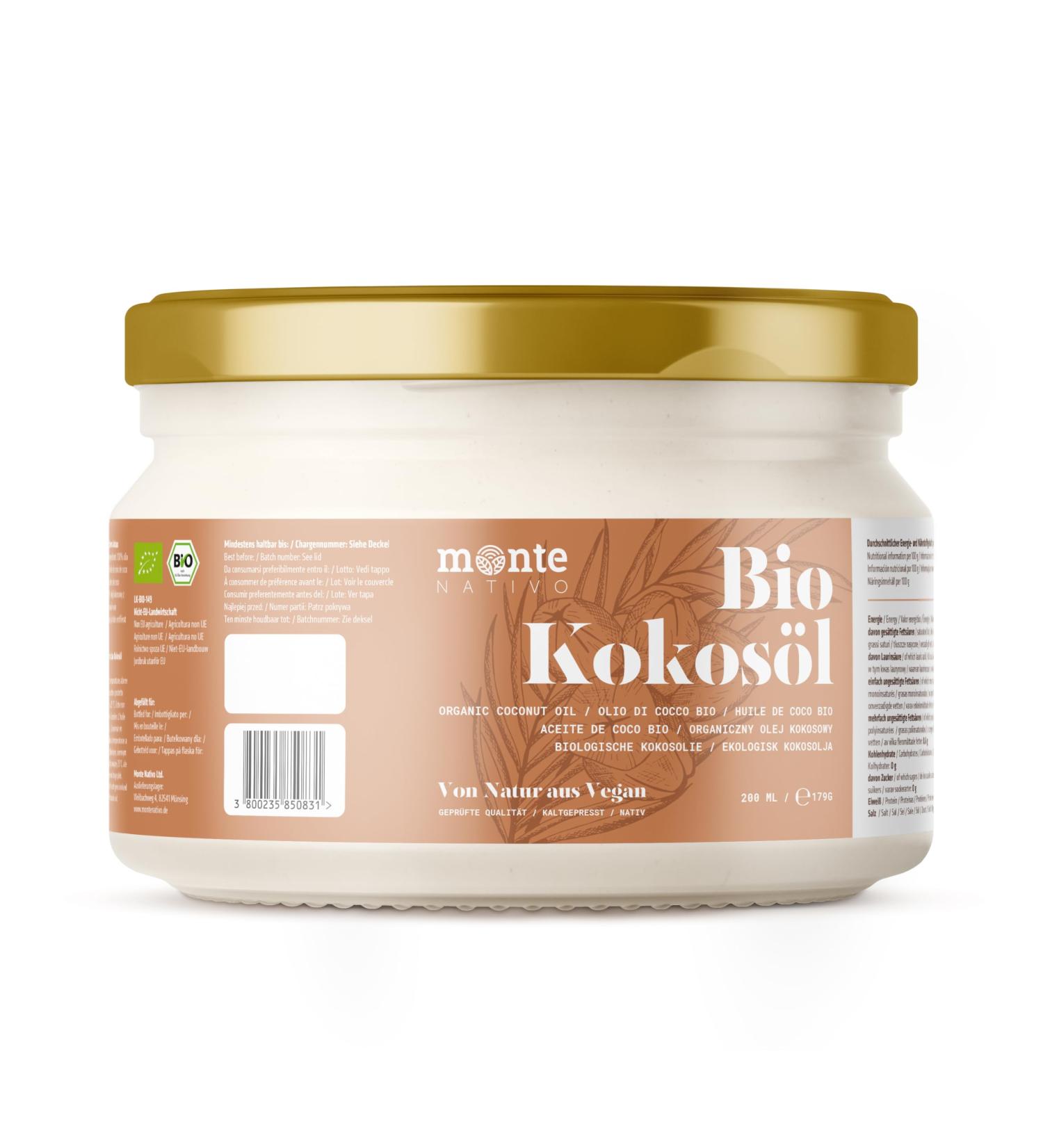 Organic Coconut Oil Montenativo 200ml - 1st Cold Pressed Premium Quality for Cooking Baking Hair & Skin - Natural & Raw - Buy Online on SooperMarket.com