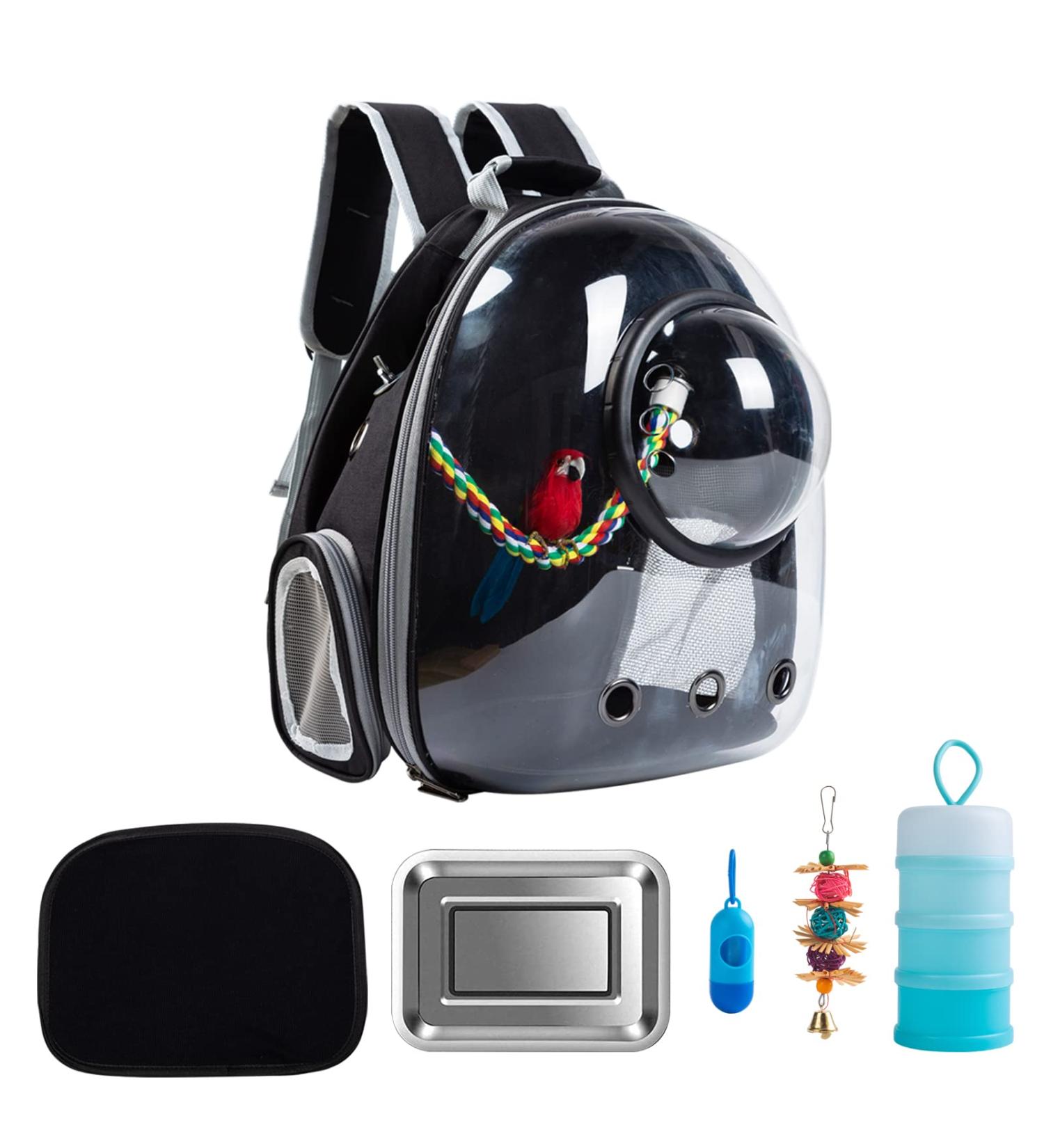 Portable Bird Carrier Travel Cage - Lightweight Breathable Bag with Feeder Cups and Toys for Parrots, Guinea Pigs, Rats - Black - Buy Online on SooperMarket.com