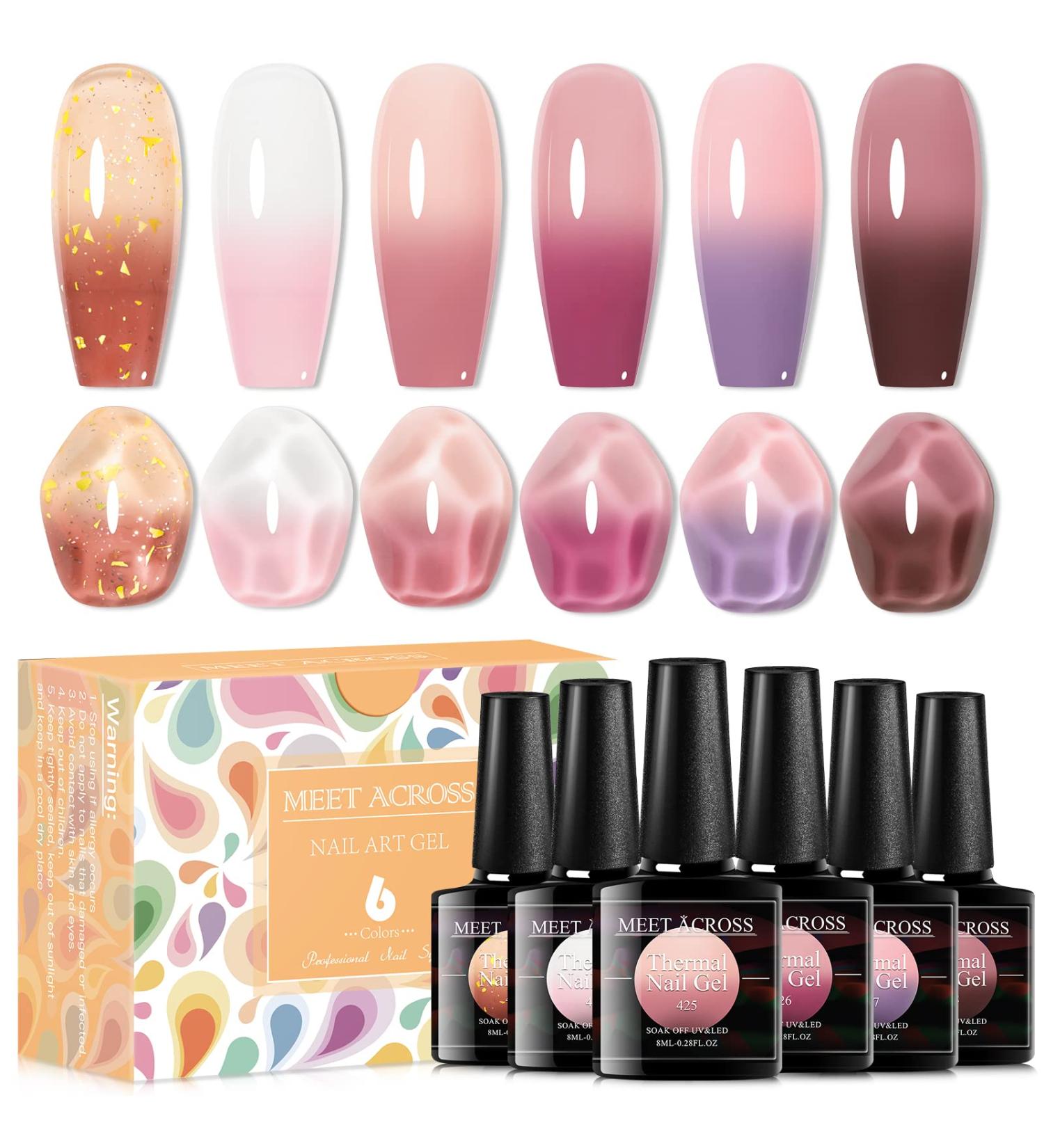 MEET ACROSS Pink Color Changing Gel Nail Polish Set - Mood Temperature Change Translucent Nude Pink Gel Polish with Foil & Crystal Accents - Buy Online on SooperMarket.com