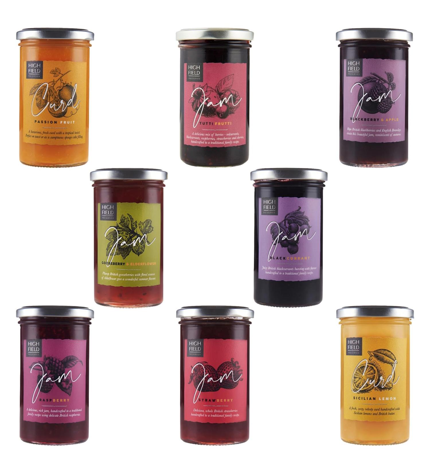 Highfield Preserves Jam & Curd Pick N Mix - Choose From 8 Flavours | Blackberry Blackcurrant Gooseberry Passionfruit Raspberry Sicilian Lemon Strawberry Frutti - Pack of 3 - Buy Online on SooperMarket.com