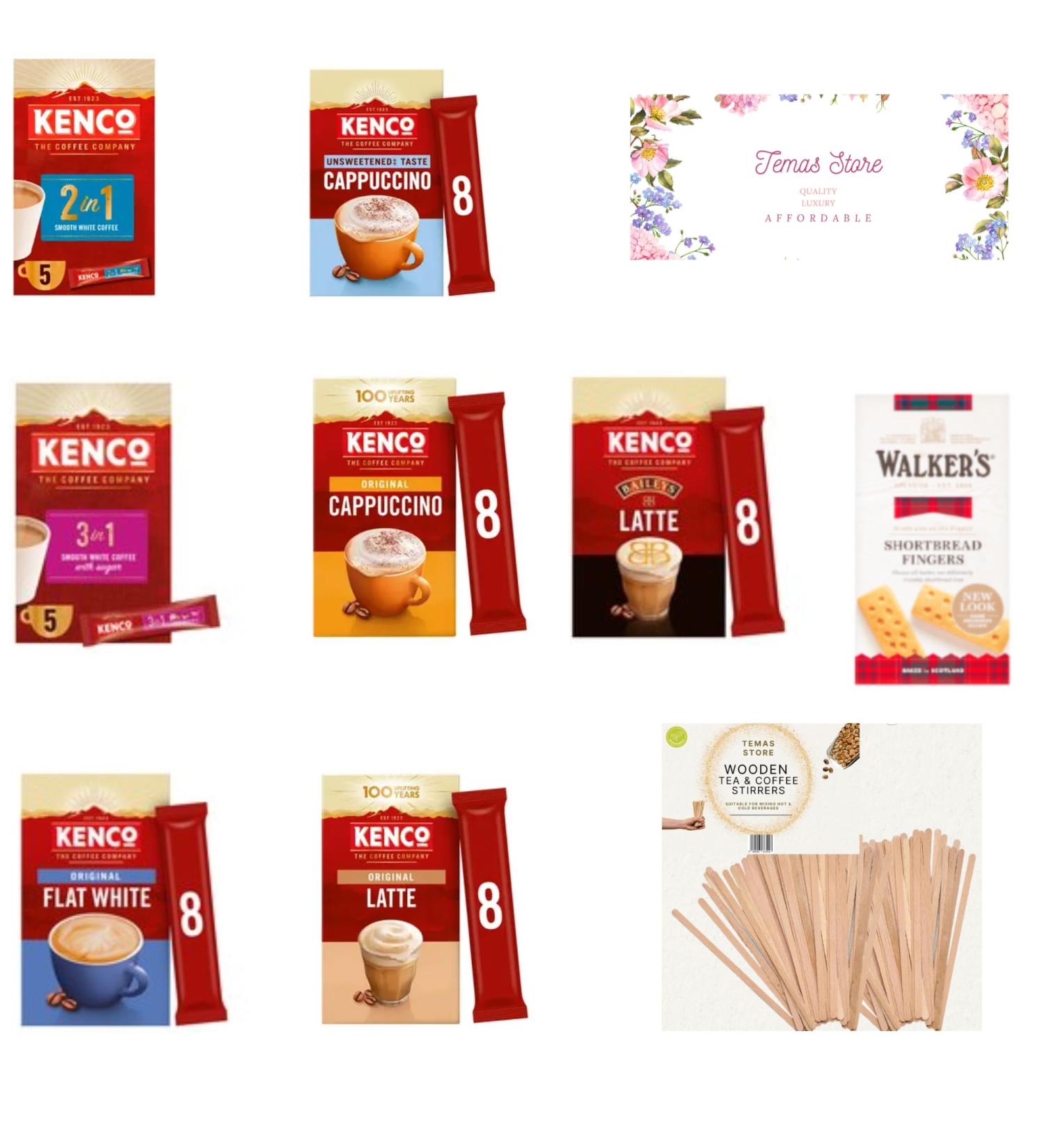 Temas Kenco Instant Coffee Bundle 2 in 1 3 in 1 Flat White Cappuccino & Latte (42 Sachets) | Walker s Shortbread Fingers | Wooden Tea & Coffee Stirrers | Unsweetened Taste | Bailey's