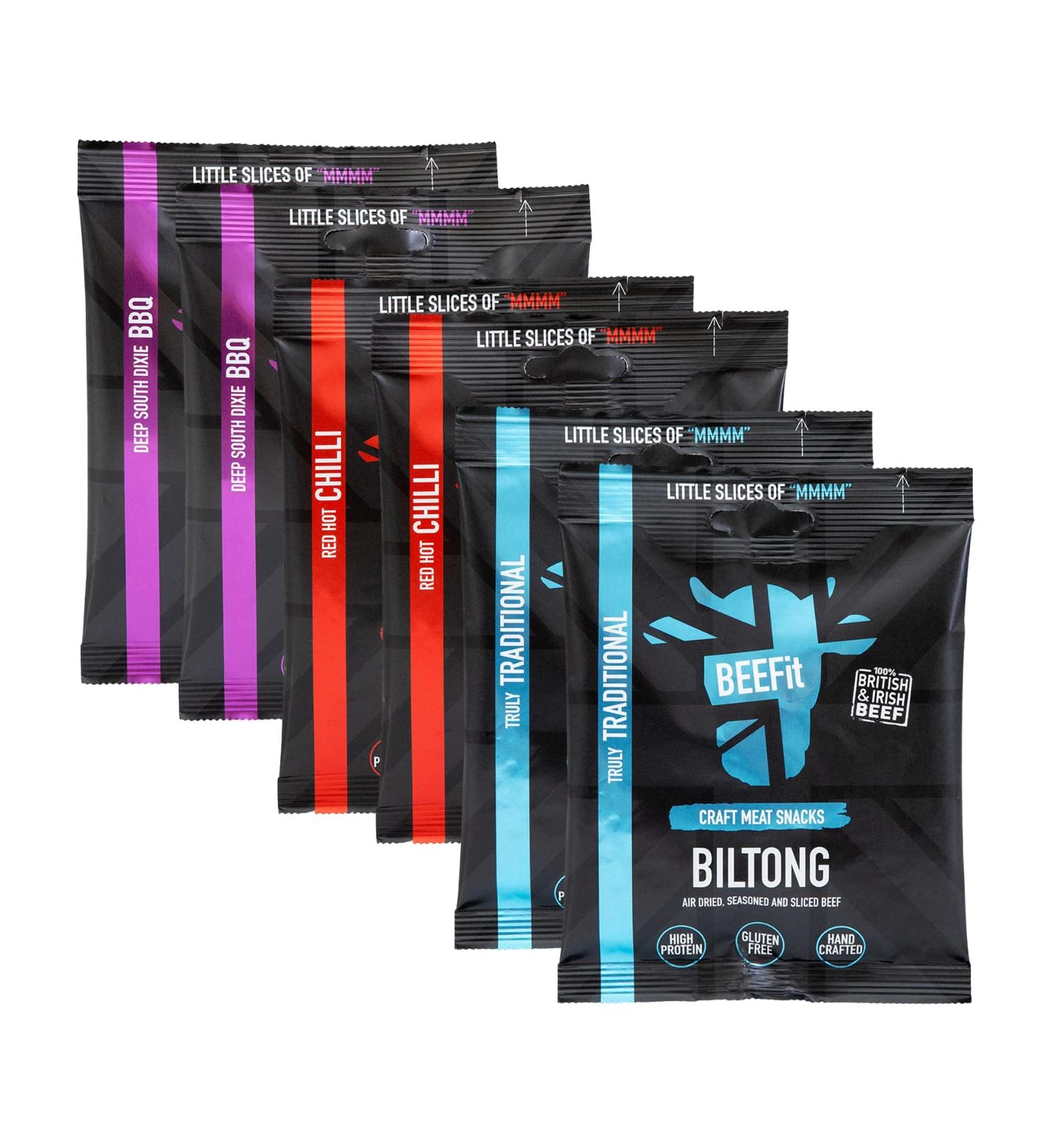 BEEFit Biltong Beef Jerky Variety Pack | Traditional Red Hot Chilli & BBQ Flavours | 6x30g | High Protein | Gluten Free | Keto Friendly - Buy Online on SooperMarket.com