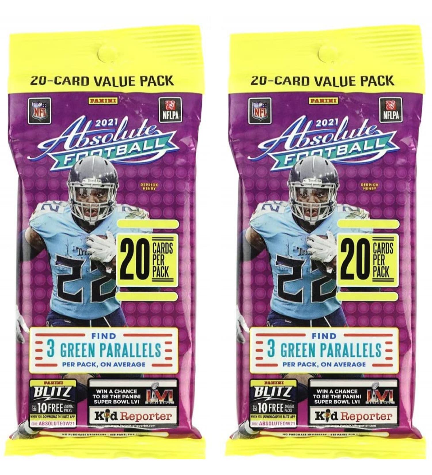 Pair 2021 Panini Absolute NFL Football Value Fat Cello Packs (40 Cards Total) Exclusive Green Parallels