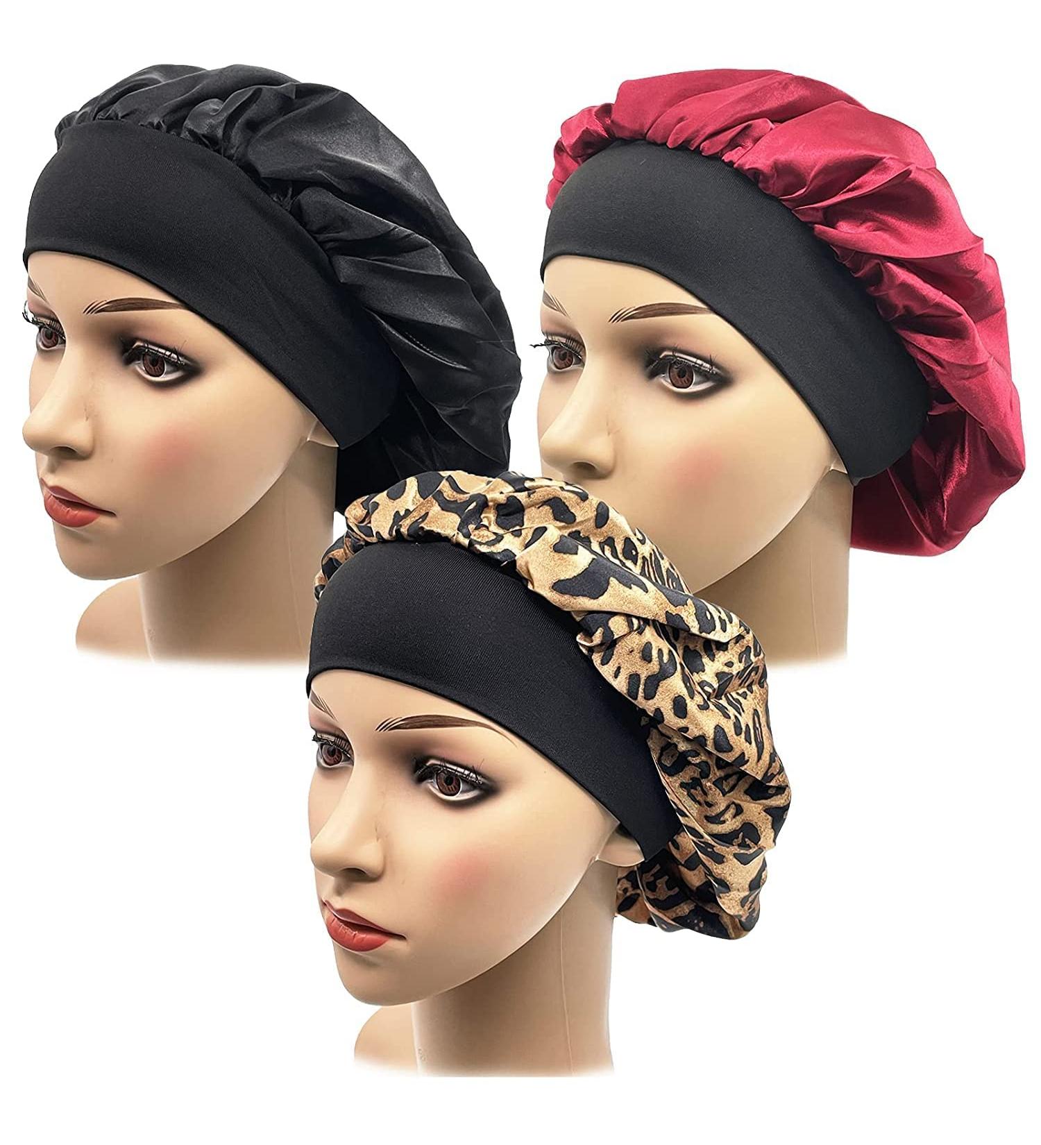 Satin Bonnet 3PCS Silk Hair Bonnet for Women - Black, Leopard, Red - Soft Sleep Cap for Braids, Natural Curly Hair - Satin Sleeping Cap - Buy Online on SooperMarket.com