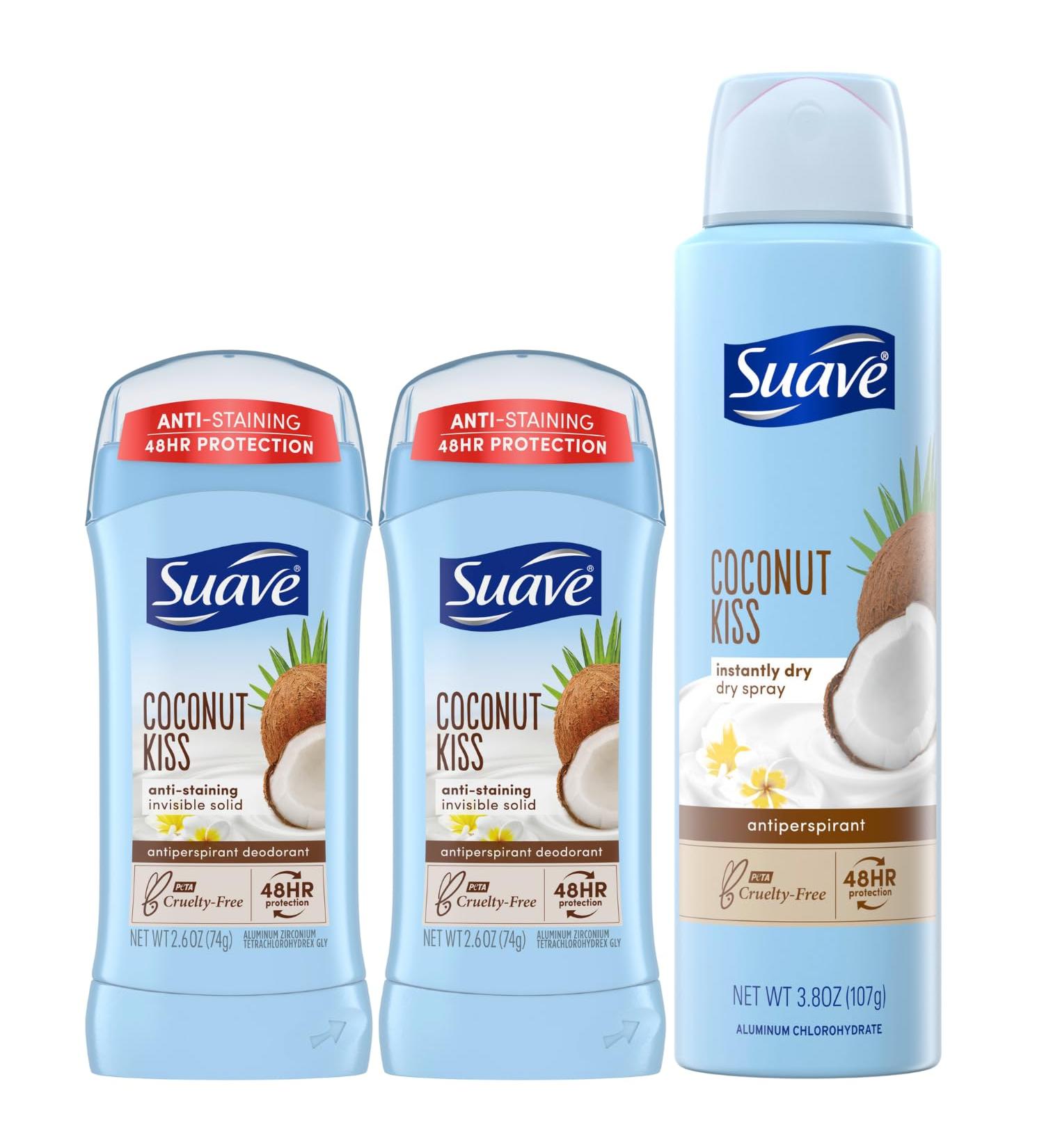 Suave Coconut Kiss Deodorant Bundle for Women - 2-Pack Invisible Solid & Dry Spray - 48H Antiperspirant Protection - Buy Online on SooperMarket.com