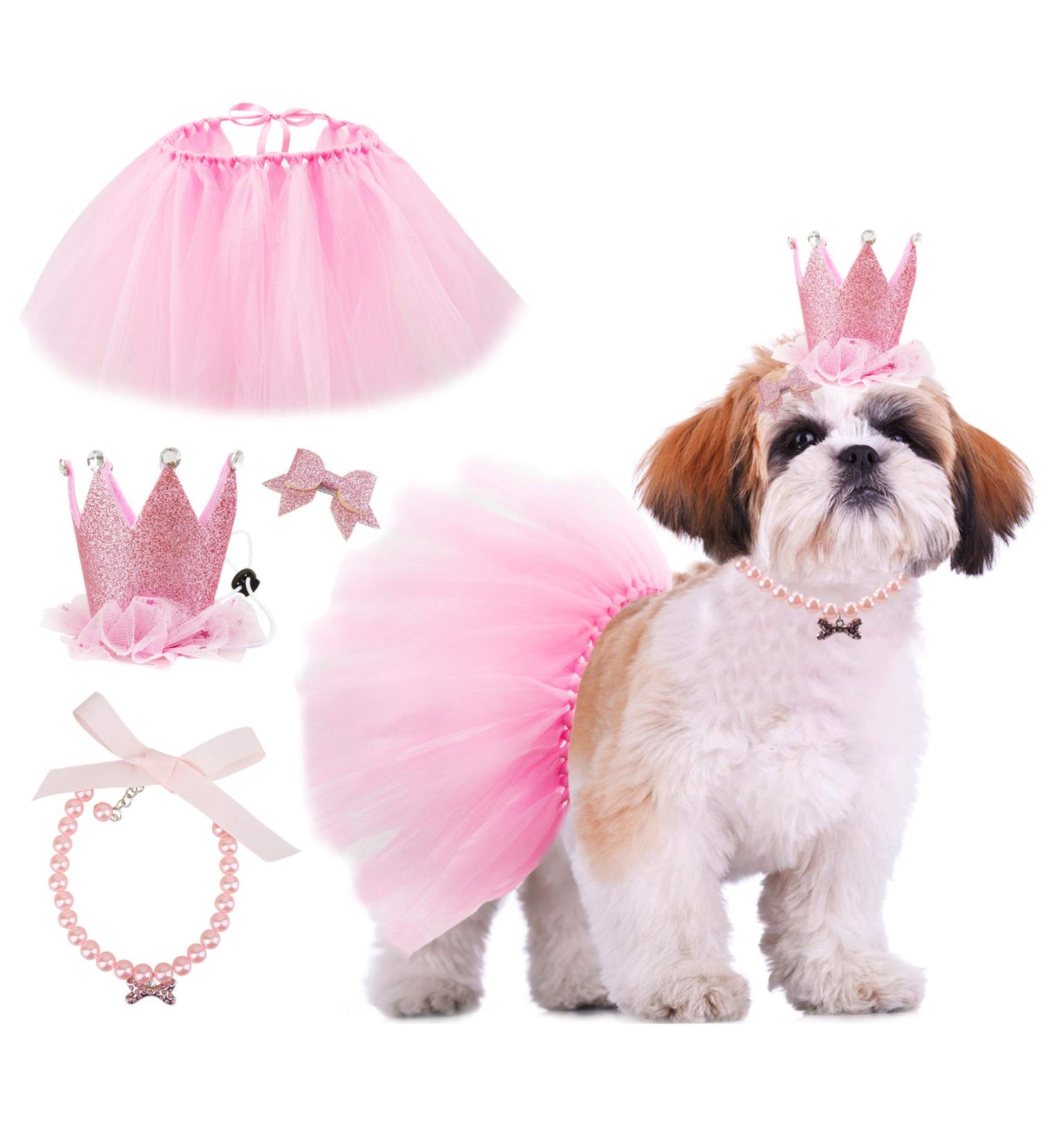 GAGILAND Dog Birthday Outfit - Pink Puppy Tutu Set with Adorable Hat and Necklace for Small Girl Dogs - Buy Online on SooperMarket.com