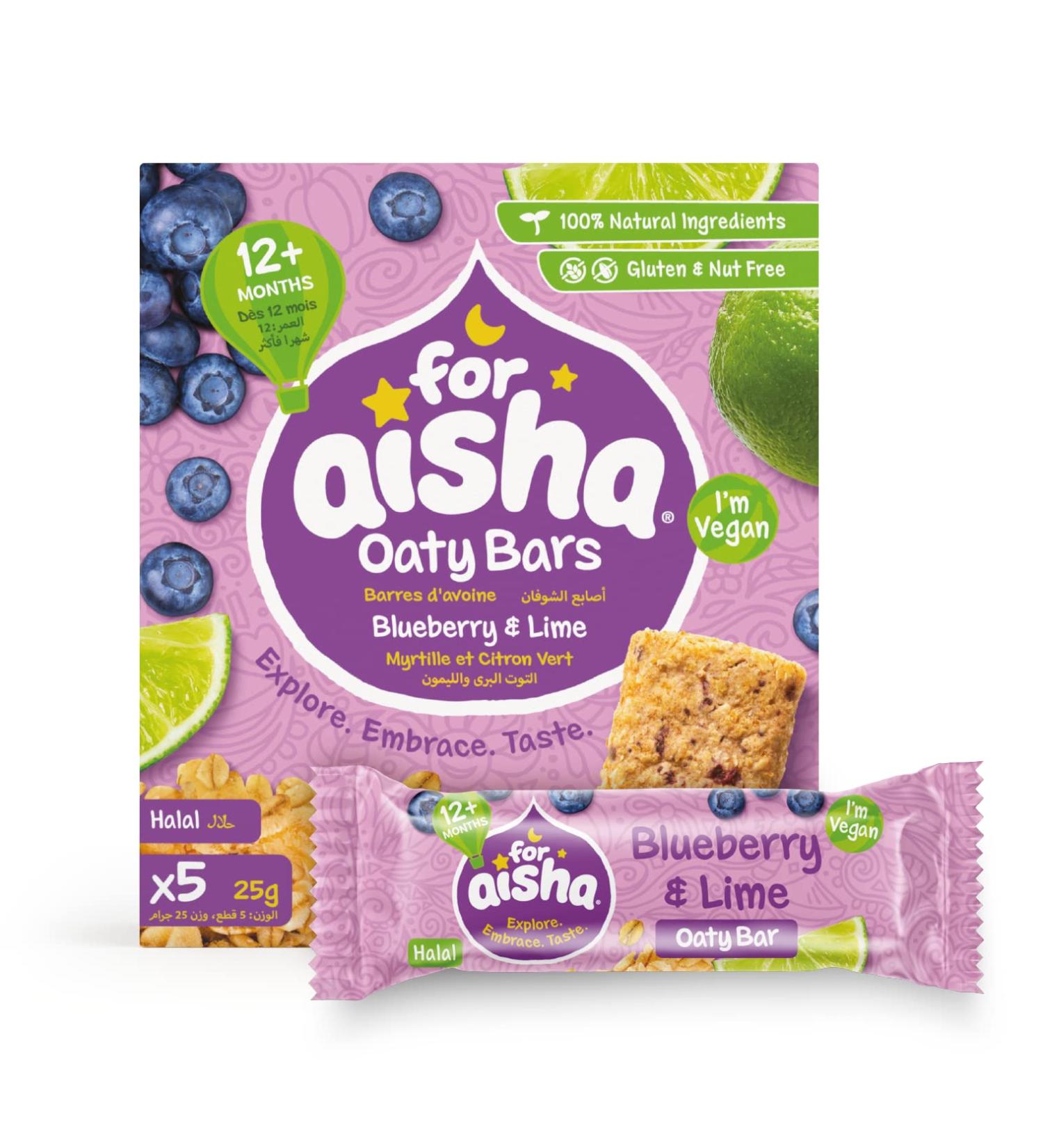 For Aisha Oaty Bars Blueberry & Lime 30 Bars - Halal, Vegan, Nut Free, Gluten Free, Dairy Free | 100% Natural Ingredients - Baby & Toddler Snacks - Buy Online on SooperMarket.com