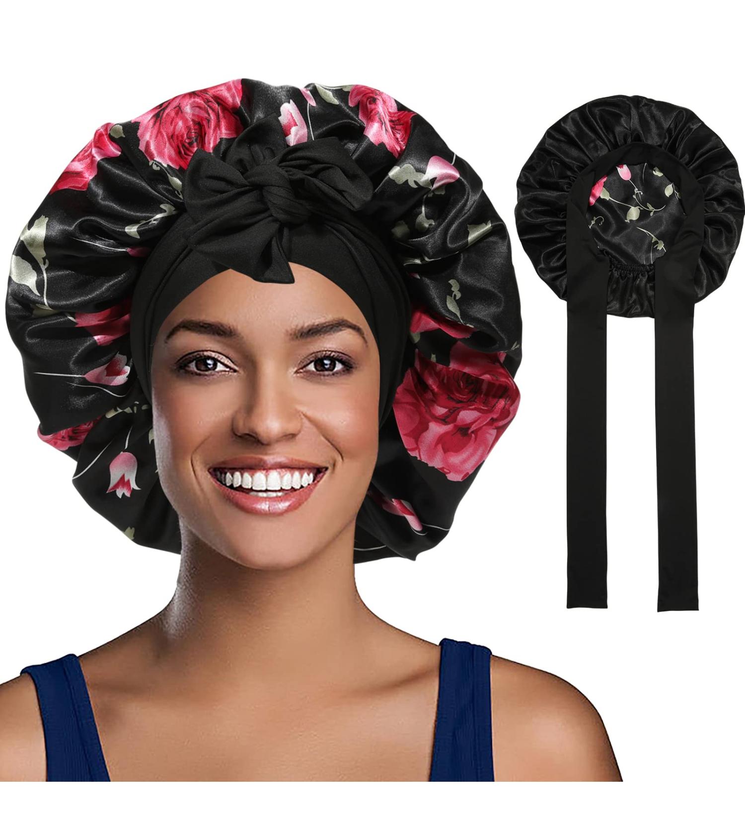 Welrog Satin Hair Hood for Women | Double-Sided Satin Silk Sleep Bonnet | Hair Protection for Night | Flower/Black Design - Buy Online on SooperMarket.com