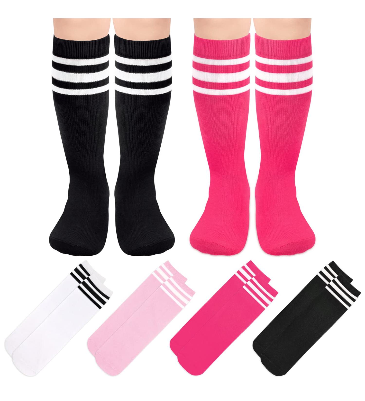 4 Pairs Kids Soccer Socks | Toddler Knee High Tube Socks | Girls Boys 3-6 Years | Black/White, White/Black, Pink/White, Rose/White - Buy Online on SooperMarket.com