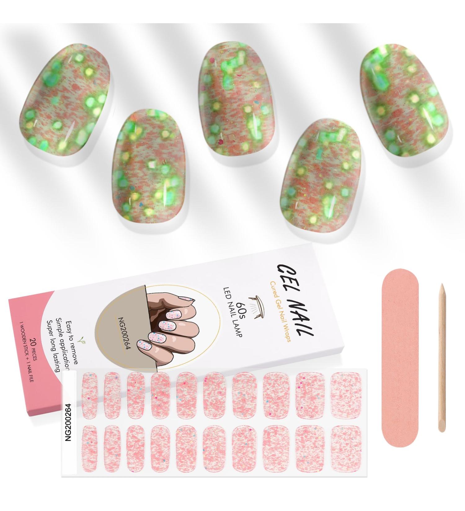 Kalolary 20PCS Luminous Glitter Gel Nail Polish Strips - Glow in the Dark Adhesive Full Wrap Sticker Set with Nail File - Waterproof Pink Gel Nail Wrap Stickers - Buy Online on SooperMarket.com