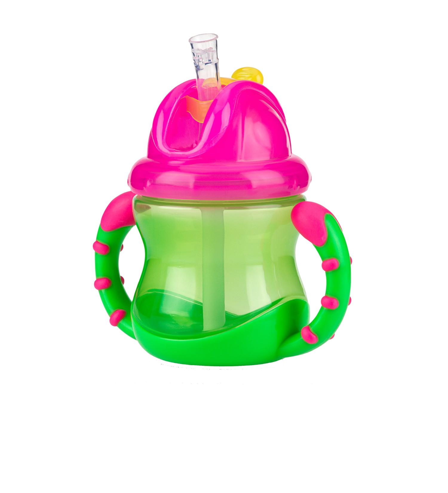 Nuby Two-Handle Flip N' Sip Straw Cup 8oz - Green/Pink | Leak-Proof Design - Buy Online on SooperMarket.com