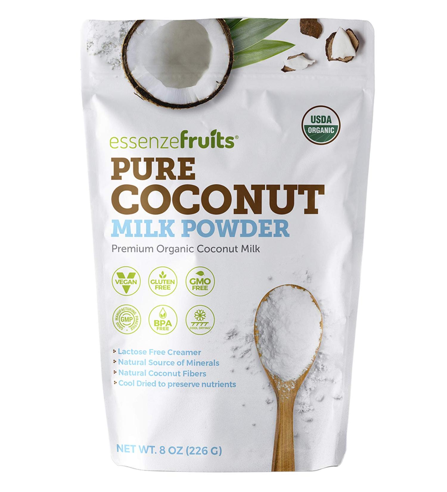 Essenzefruits Pure Organic Coconut Milk Powder - Premium Maltodextrin Free, No Sugar Added, Dairy Free, USDA Organic, Vegan, Keto & Paleo Friendly, No Additives, Pre Biotic Fibers, 27 Servings - 8 Oz