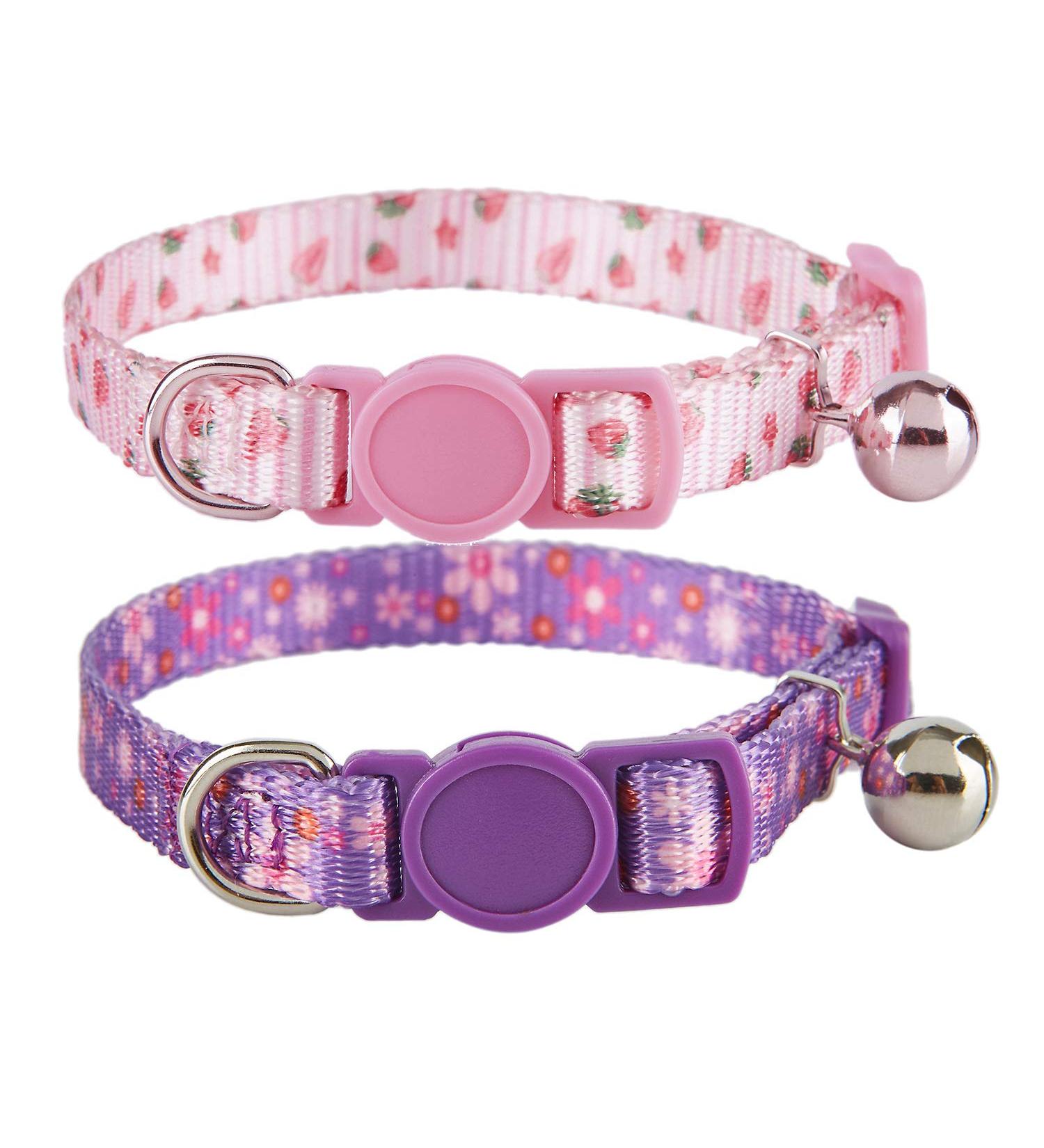 YUDOTE Cat Collars Pack of 2 Colorful Printed Basic Strong Girls Cat Collar Quick Release with Removeable Bell Pink Purple 19-28cm (Pakc of 2) Pink+Purple - Buy Online on SooperMarket.com