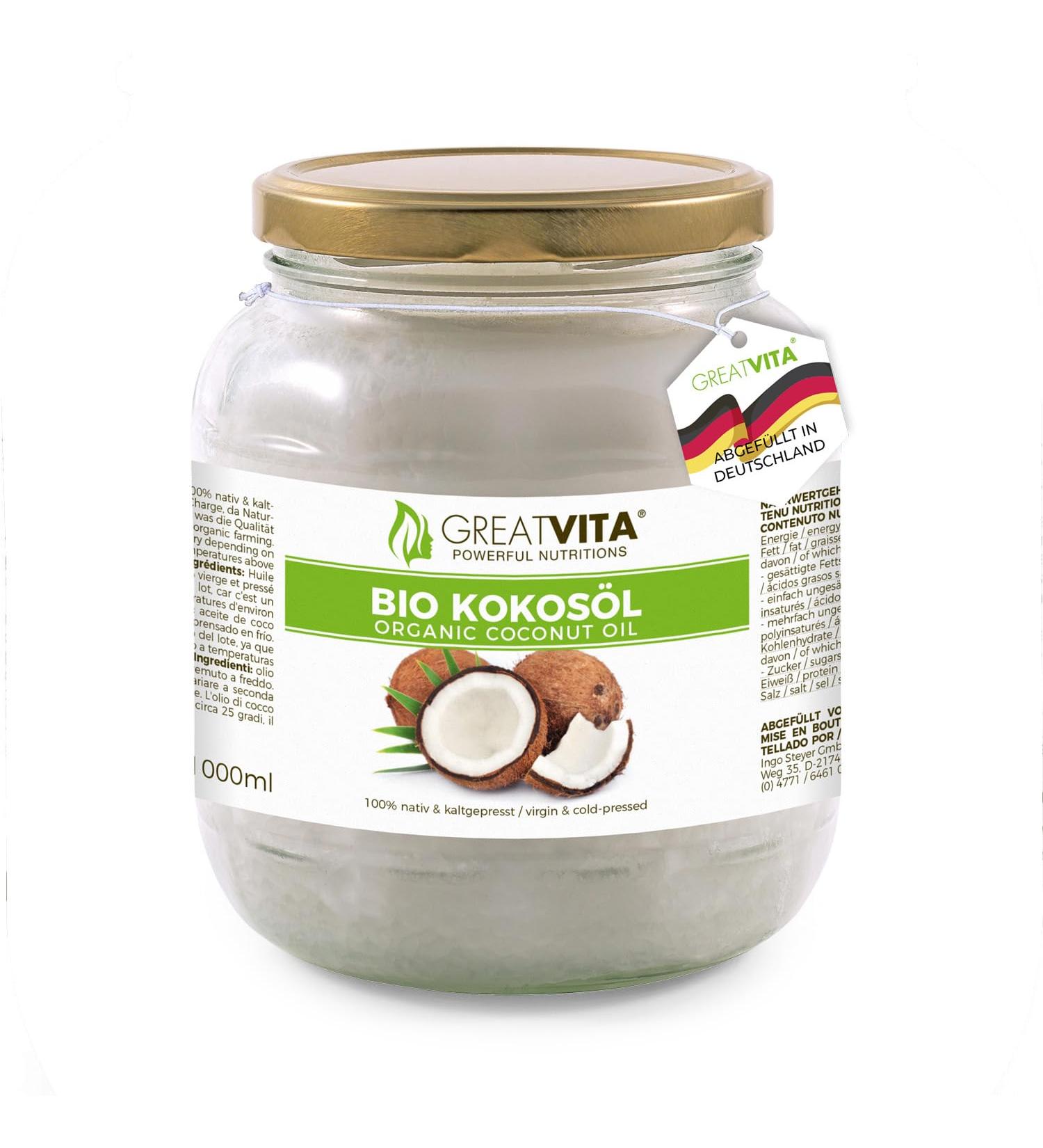 GreatVita Organic Virgin Coconut Oil 1000ml - Premium Glass Jar for Cooking Baking Skin & Hair Care - Buy Online on SooperMarket.com