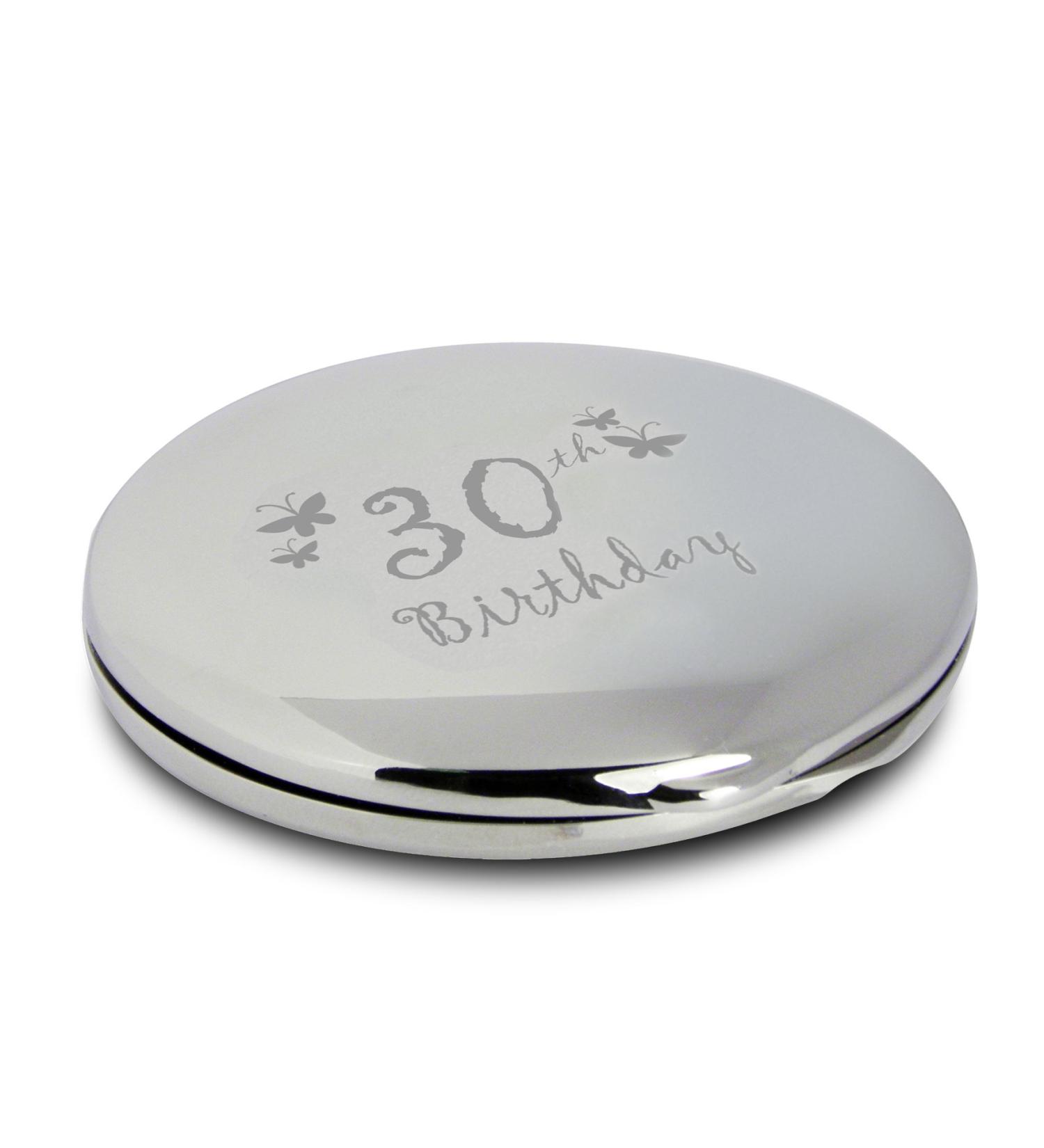 Silver Finish Engraved 30th Birthday Round Compact Mirror with Butterflies Great Idea for Birthday Gift Friends Presents Gifts