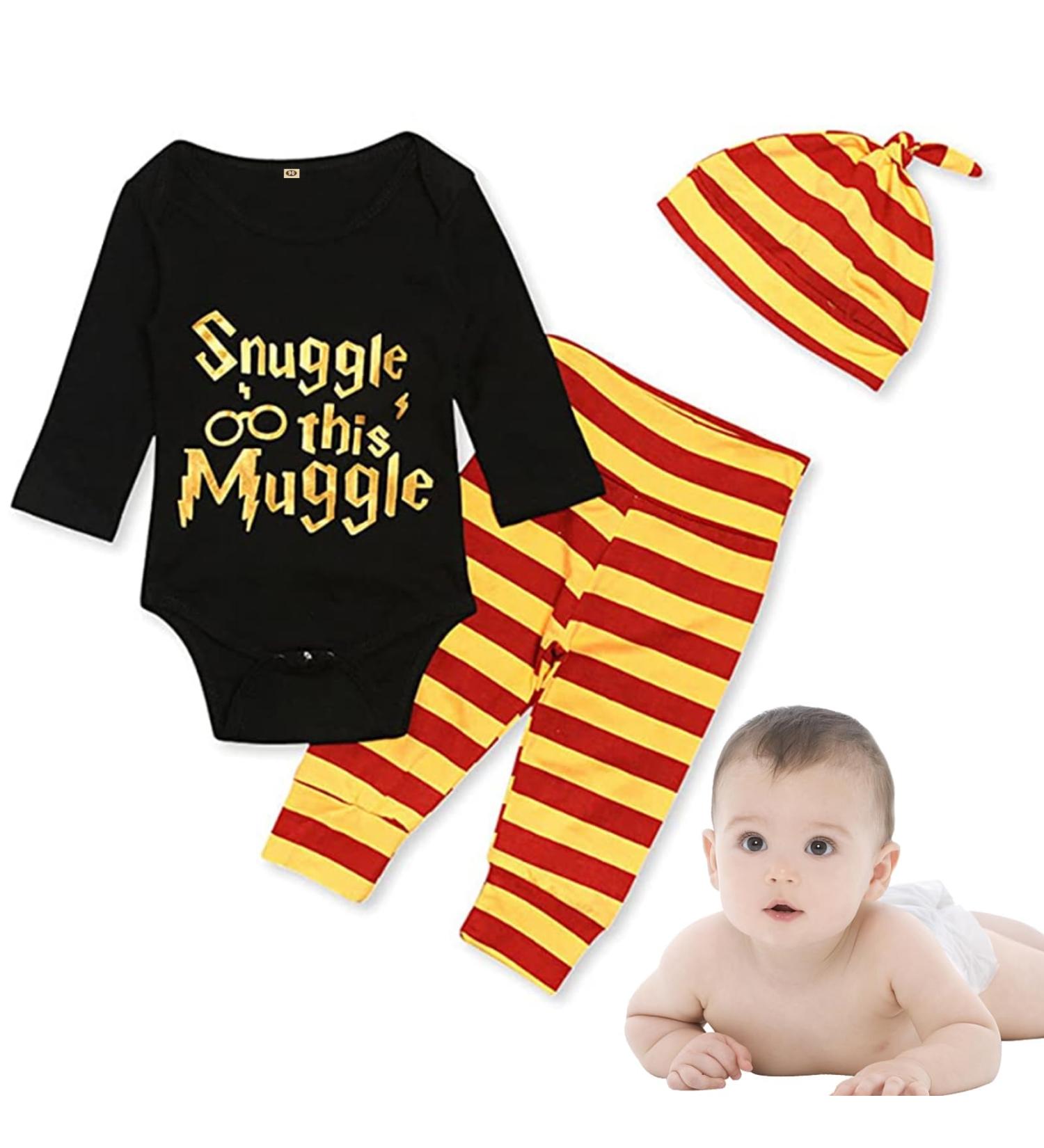 Baby Snuggle This Muggle Bodysuit Set 6-9 Months | Black Long Sleeve Outfit with Striped Pants & Hat - Buy Online on SooperMarket.com