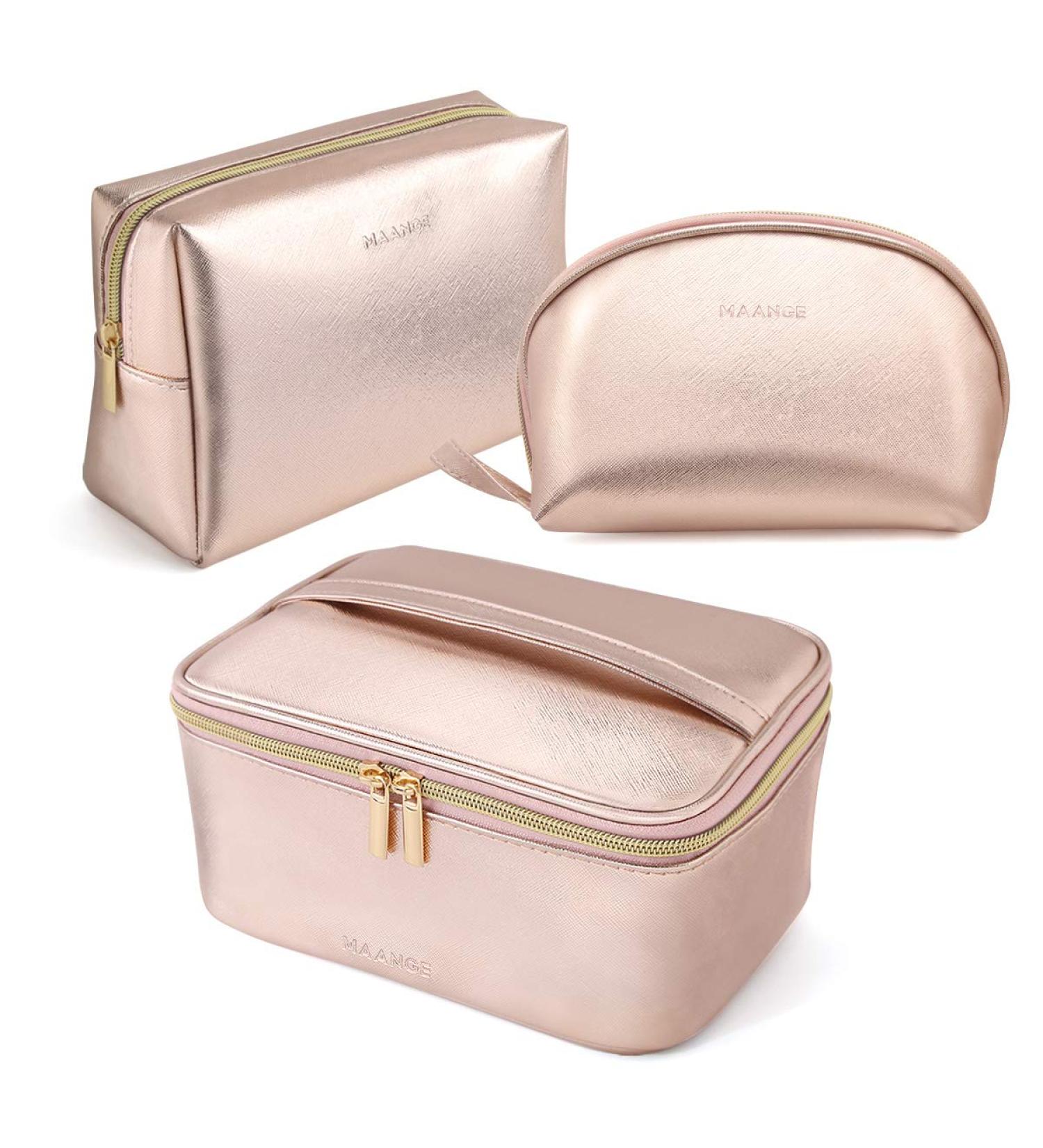MAANGE 3 Pcs Portable Travel Makeup Bag Set - Waterproof Cosmetic Organizer with Gold Zipper for Women and Girls (Rose Gold) - Buy Online on SooperMarket.com