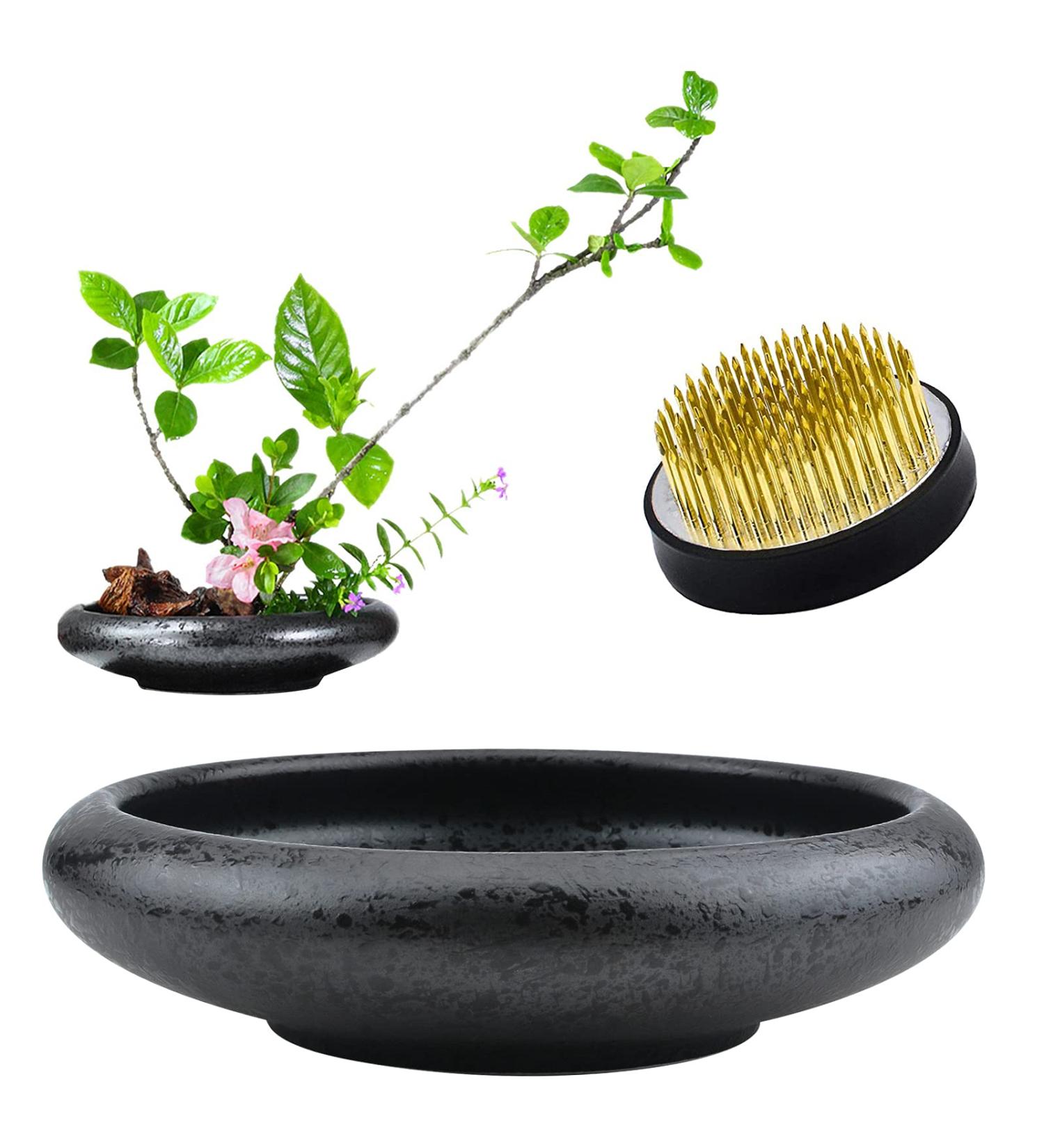 CRAFFANCY Deep Round Ceramic Ikebana Flower Vase with 5cm Kenzan Flower Frog - Black Spotted | Flower Arrangement Supplies for Home Decoration - Buy Online on SooperMarket.com