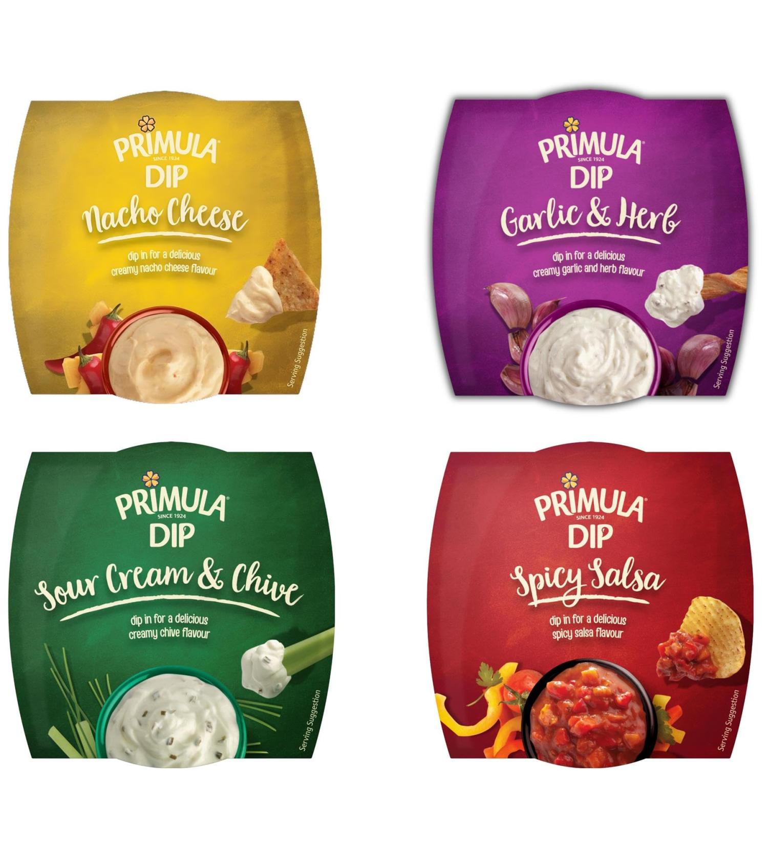 Primula Dip Pick N Mix - Create Custom Dips Combo with 4 Flovours - Nacho Cheese Garlic & Herb Sour Cream & Chive Spicy Salsa - Pack of 2 X 150g - Buy Online on SooperMarket.com