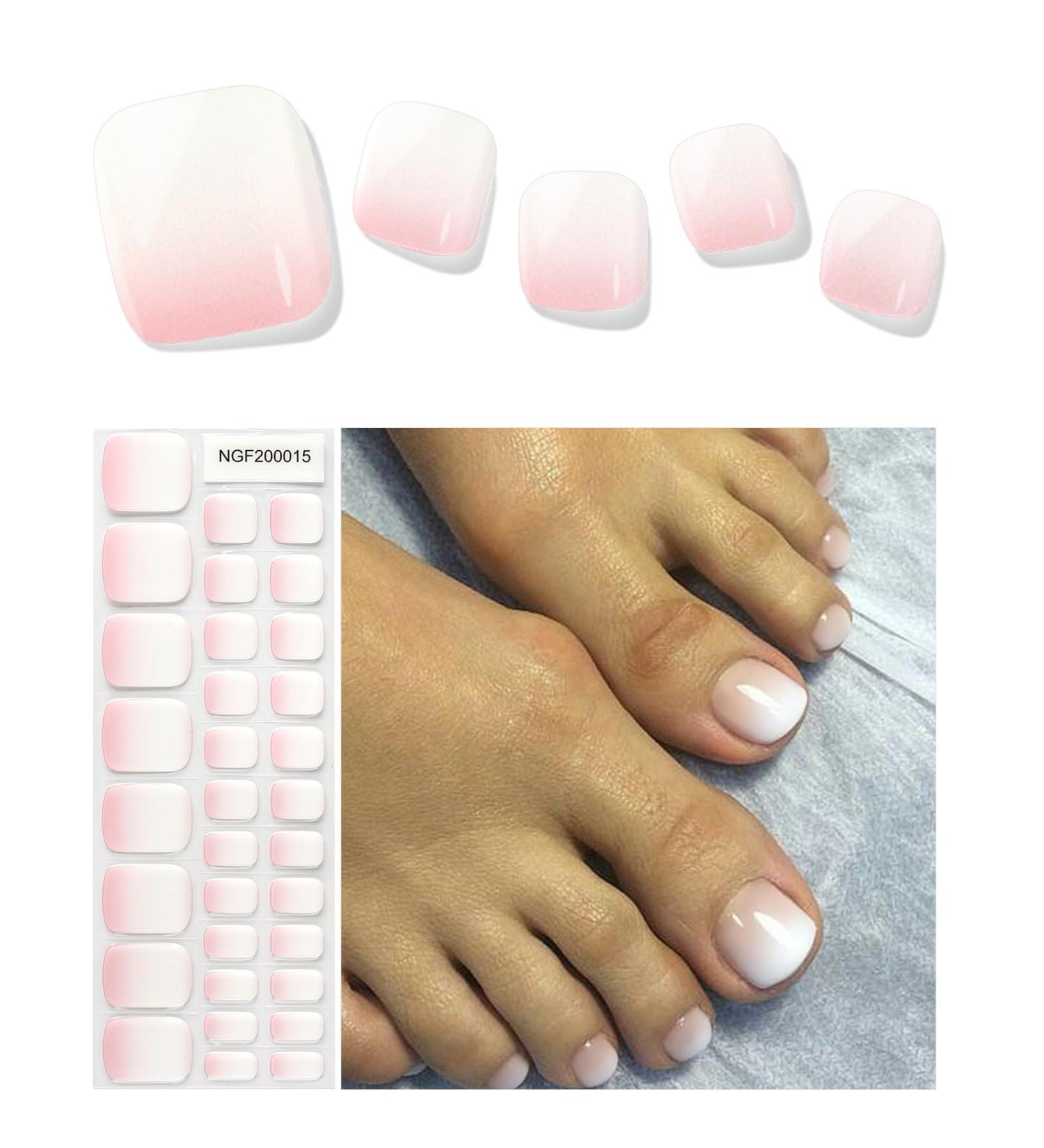 Kalolary White Gel Toenail Strips - Long Lasting Pink Gradient Pedicure Stickers | Salon Quality Nail Wraps with Nail File & Wood Stick | Perfect for UV/LED Lamp - Buy Online on SooperMarket.com