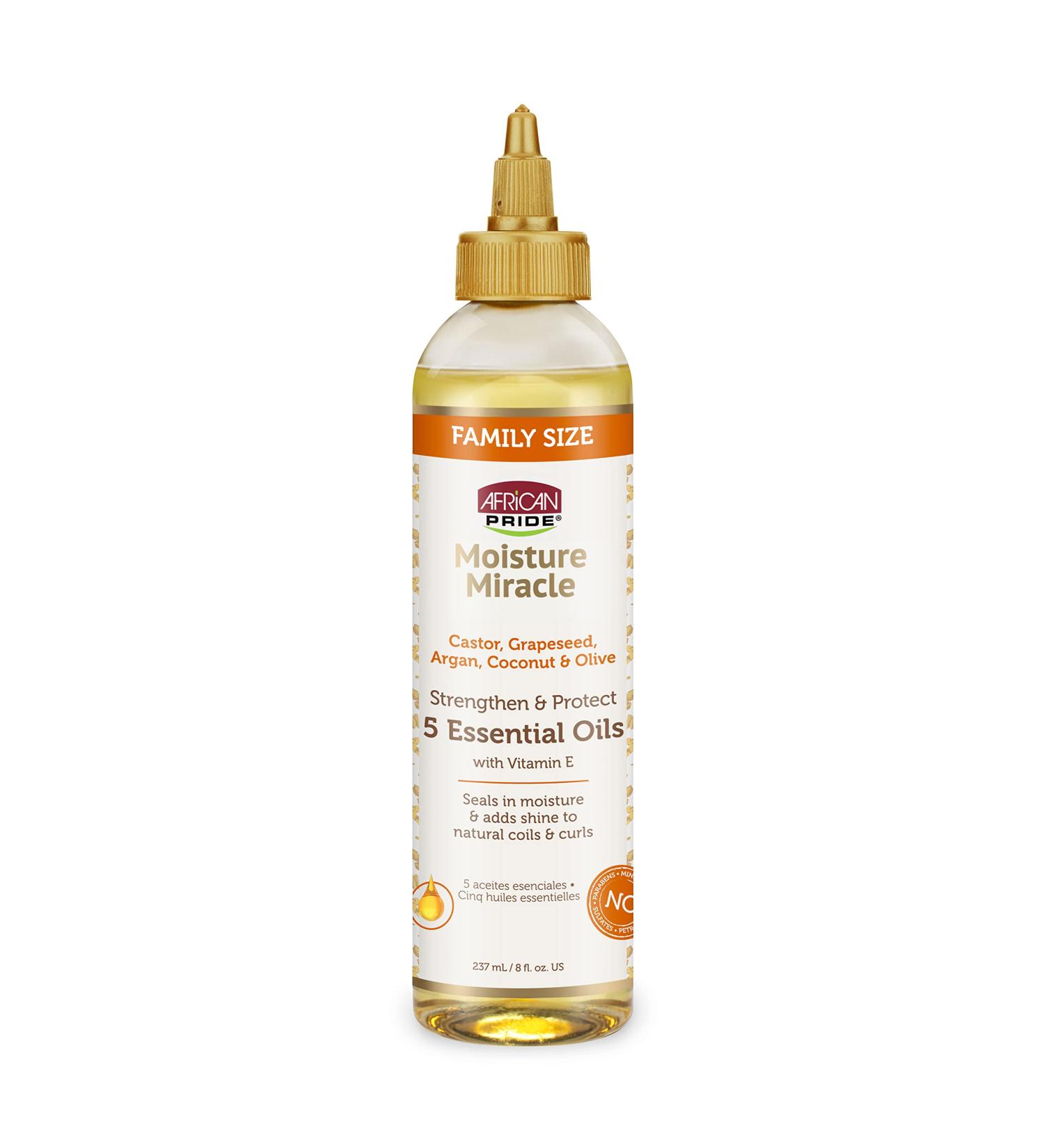African Pride Moisture Miracle 5 Essential Oils - Castor, Grapeseed, Argan, Coconut & Olive Oil - 8 oz - Seals in Moisture, Adds Shine - With Vitamin E - Buy Online on SooperMarket.com