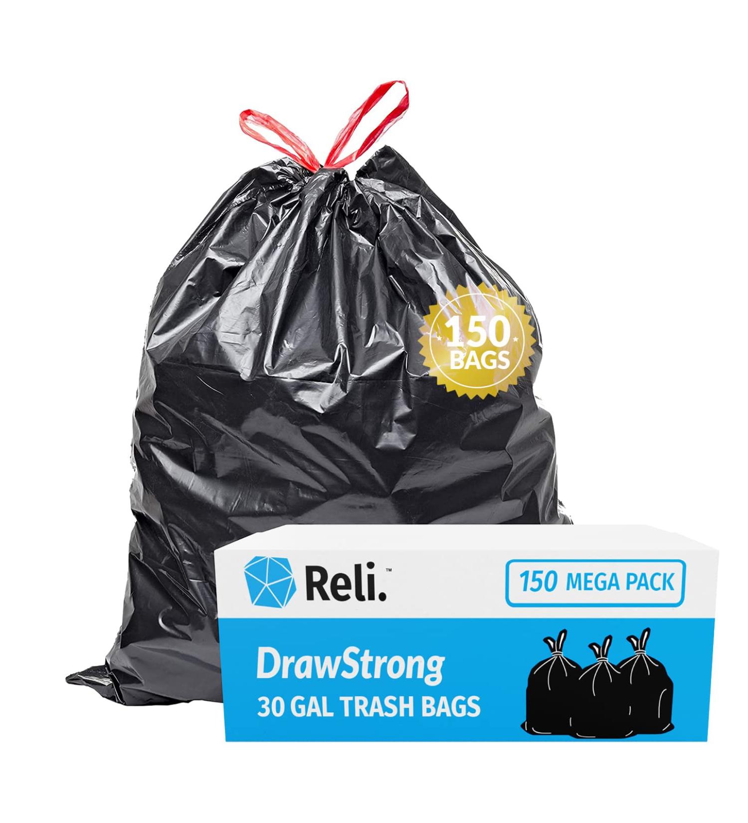 Reli 33 Gallon Trash Bags Drawstring - 150 Count, Black | Heavy Duty Garbage Bags - Large 33 Gal Capacity - Buy Online on SooperMarket.com