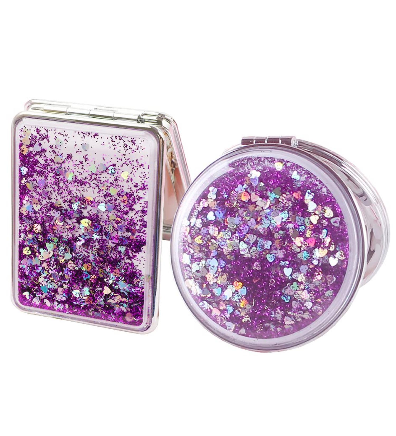 Mollensiuer 2Pcs Folding Double-Sided Glitter Handheld Pocket Mirror - Portable Travel Makeup Mirror for Pockets, Bags, and Travel - Purple - Buy Online on SooperMarket.com